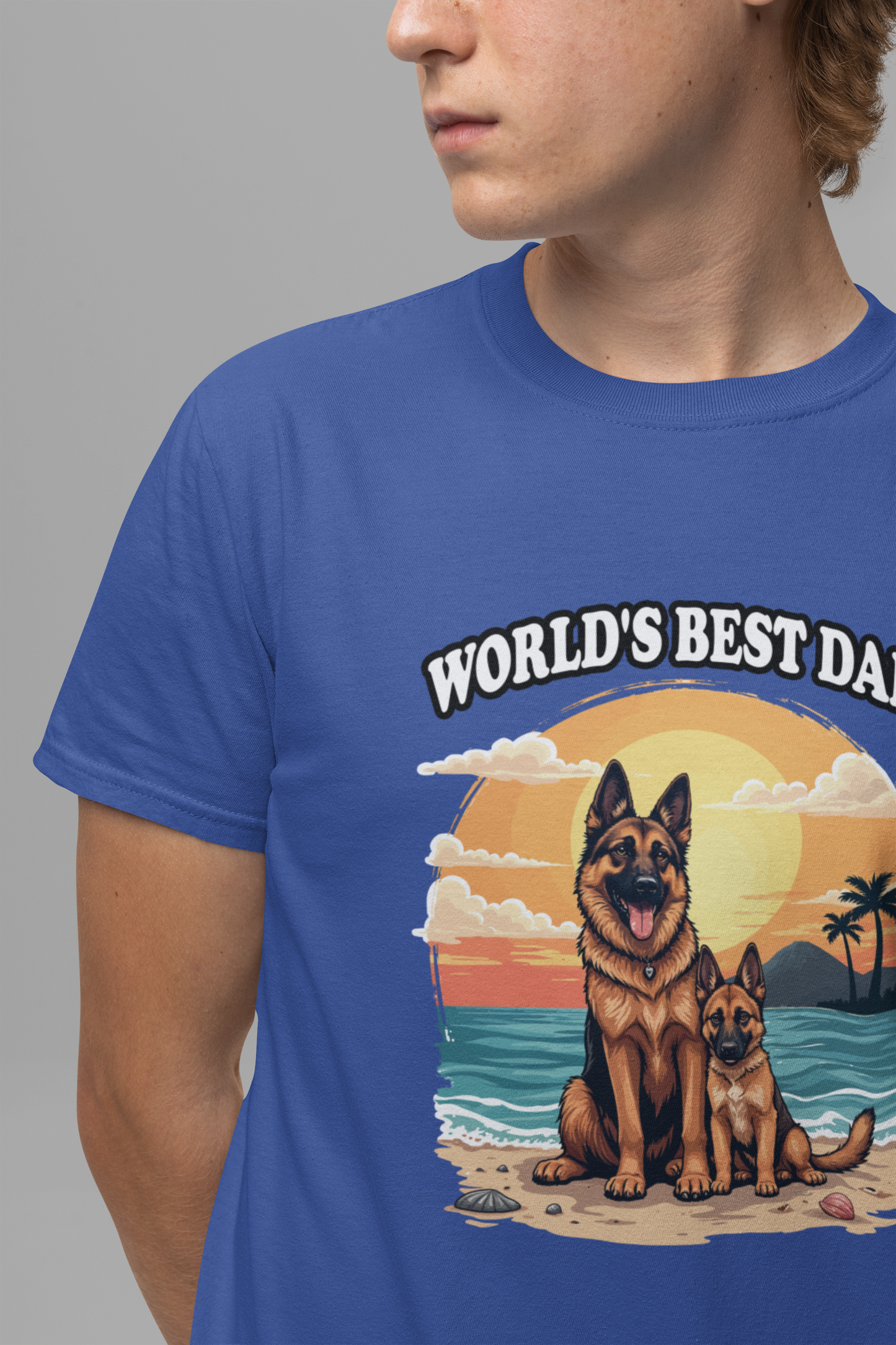 Worlds Best Dad Tshirt German Shepherd Dog Father and Puppy Beach Sunset Design