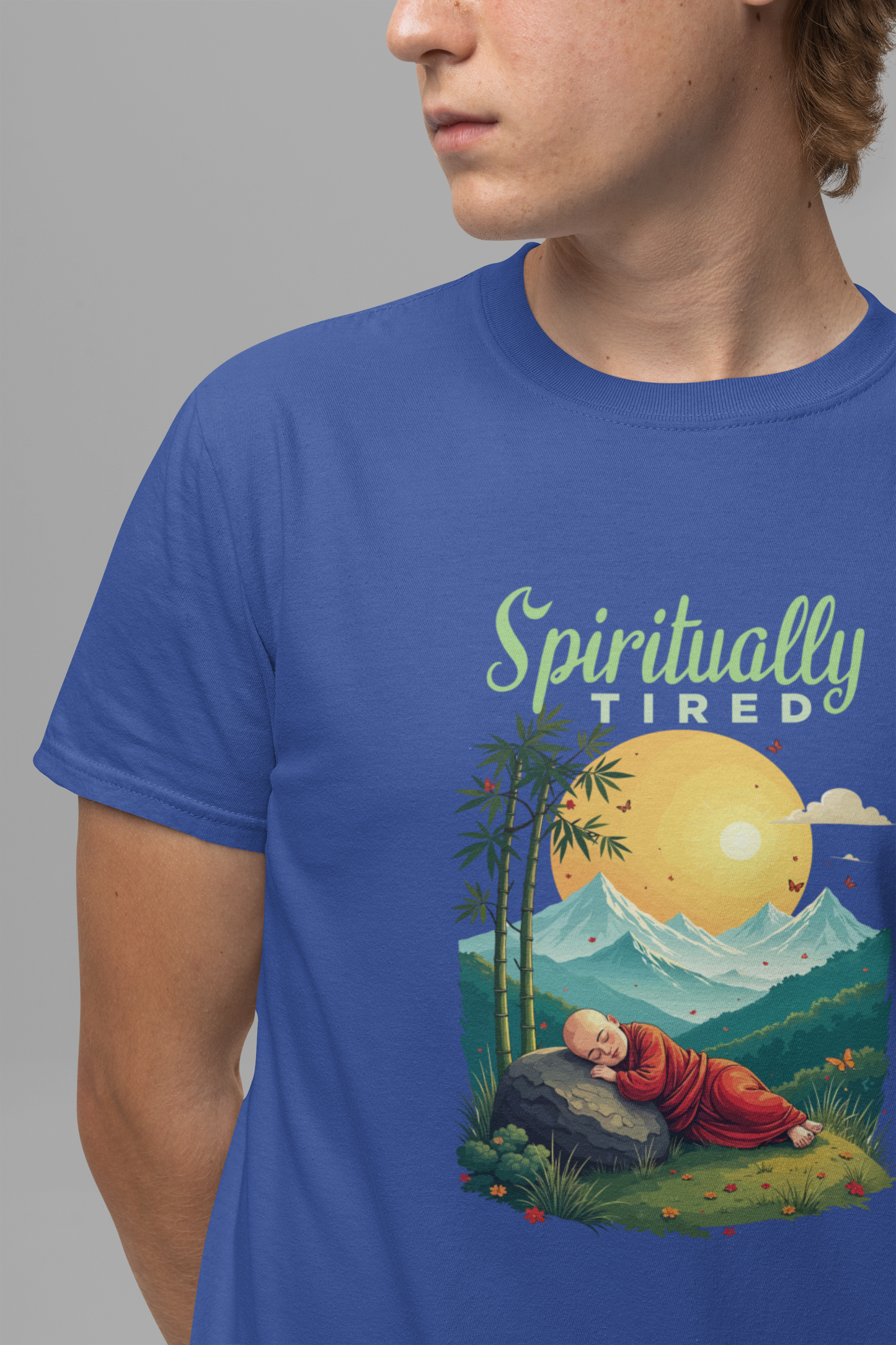 Spiritually Tired – Sleeping Monk Boy in Sunrise Nature Graphic T-Shirt