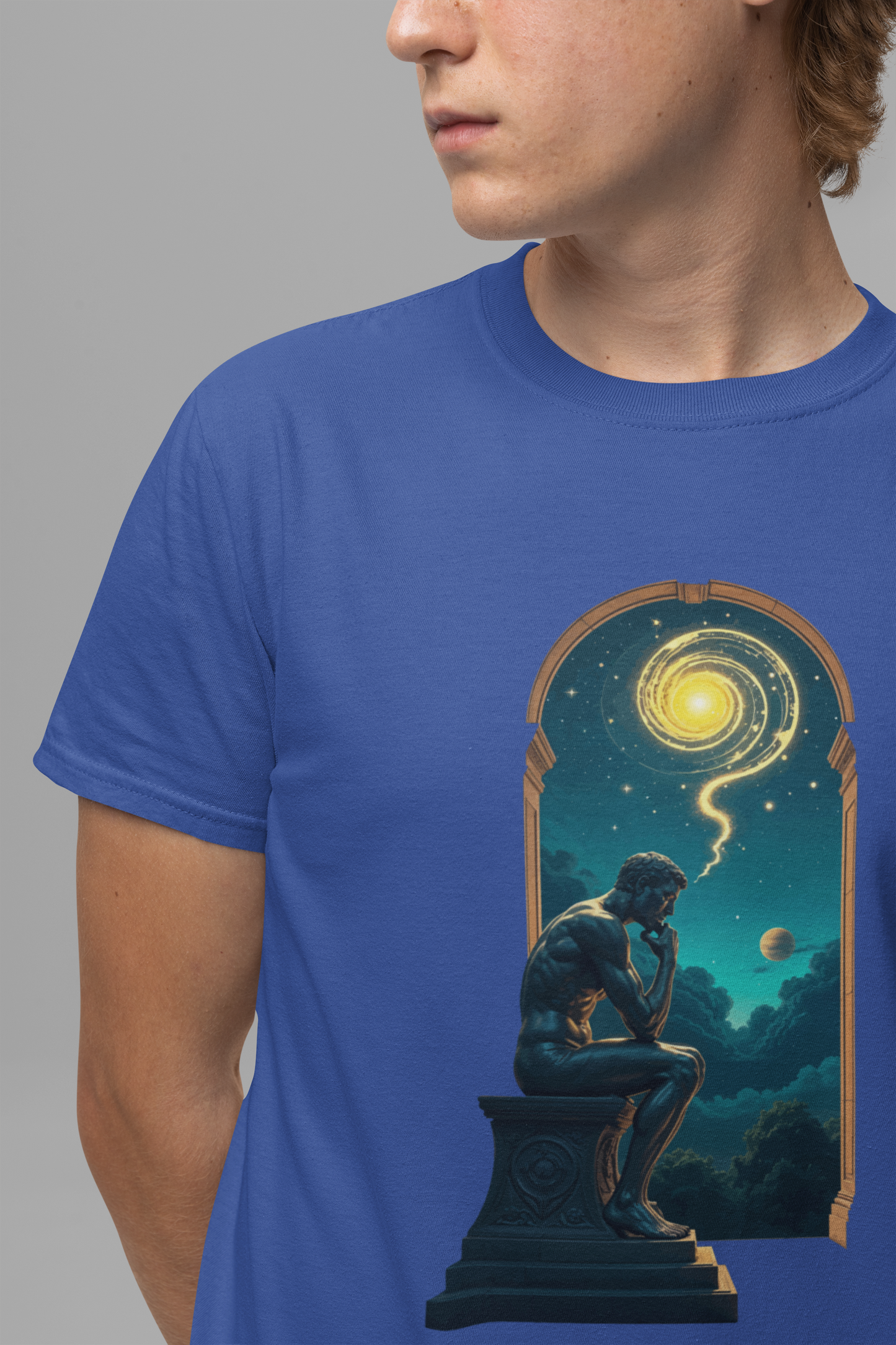 Muscular Statue Deep in Thought on Stage with Scenic Window View Graphic T-Shirt
