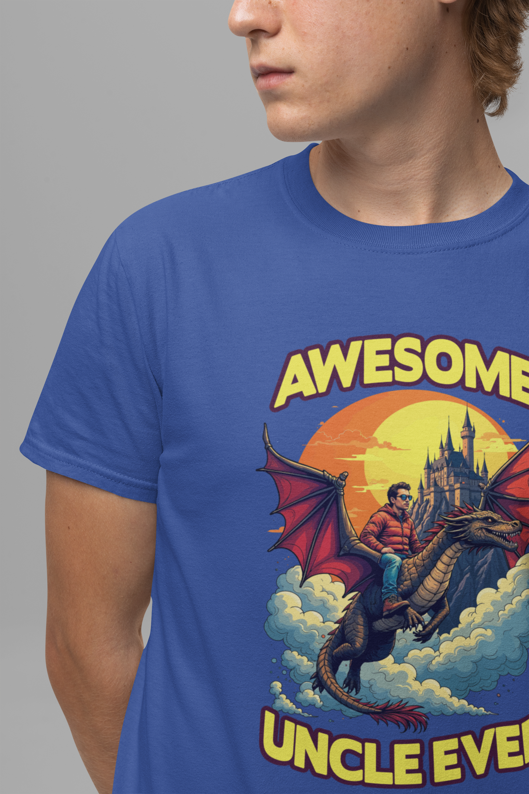 Awesome Uncle Ever Tshirt Man Riding Large Dragon Flying in Clouds with Castle in background