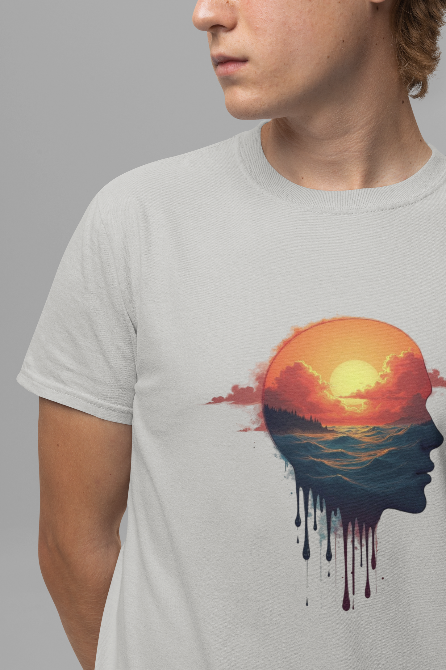 Melting Human Face with Colorful Sunrise and Clouds Beach View Graphic T-Shirt