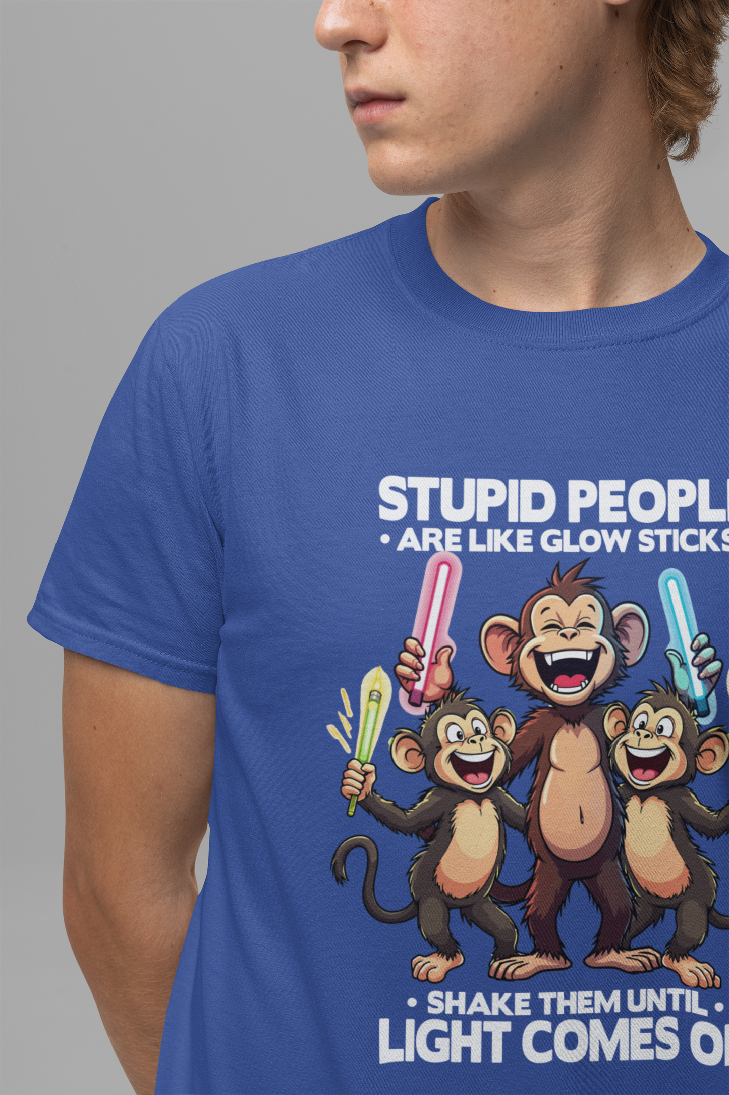 Stupid People Are Like Glow Sticks Tshirt – Three Happy Monkeys Shaking Glow Sticks