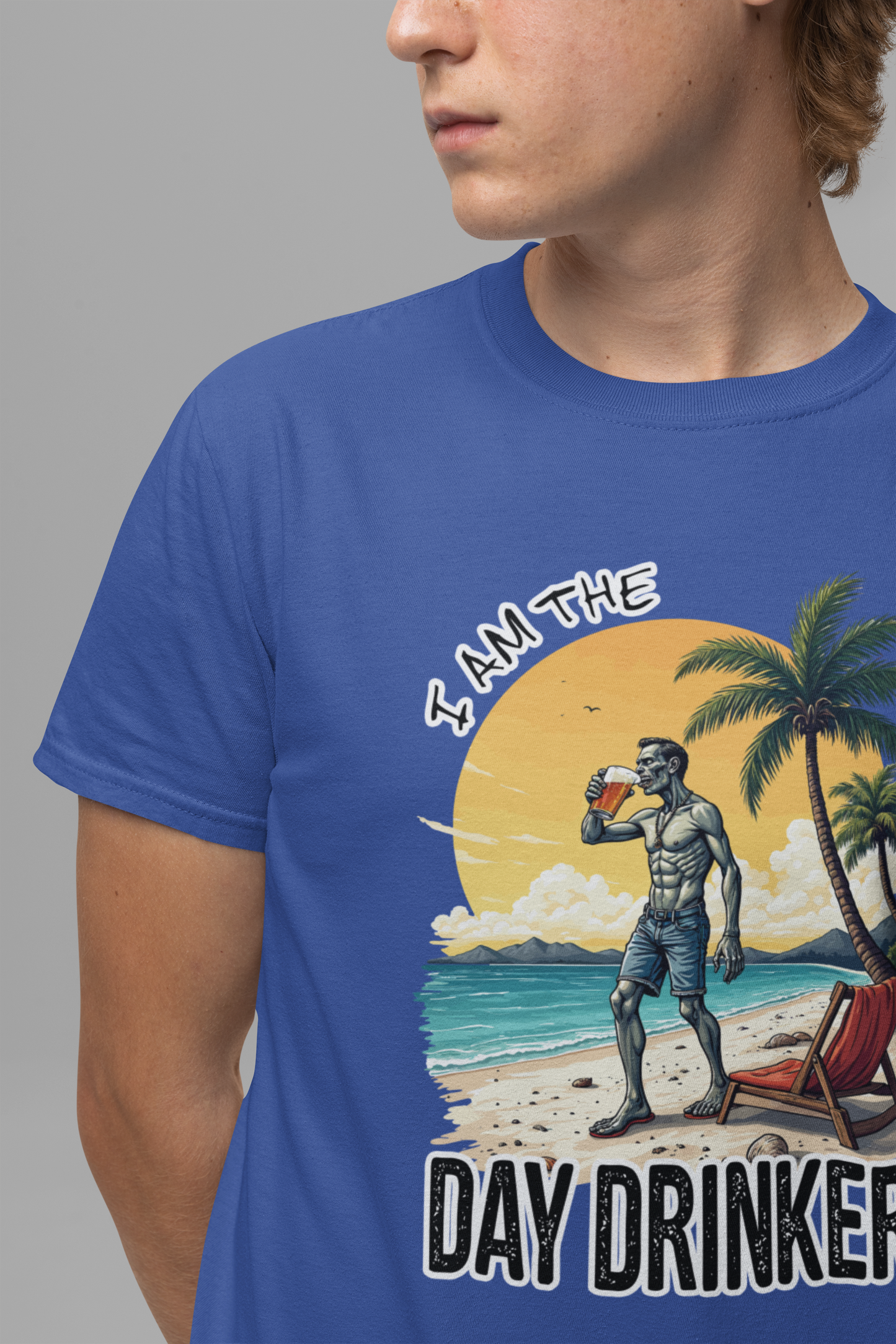 I am the Day Drinker Tshirt Zombie Beach Man with Beer, Shorts, Flip Flop & Reclining Chair