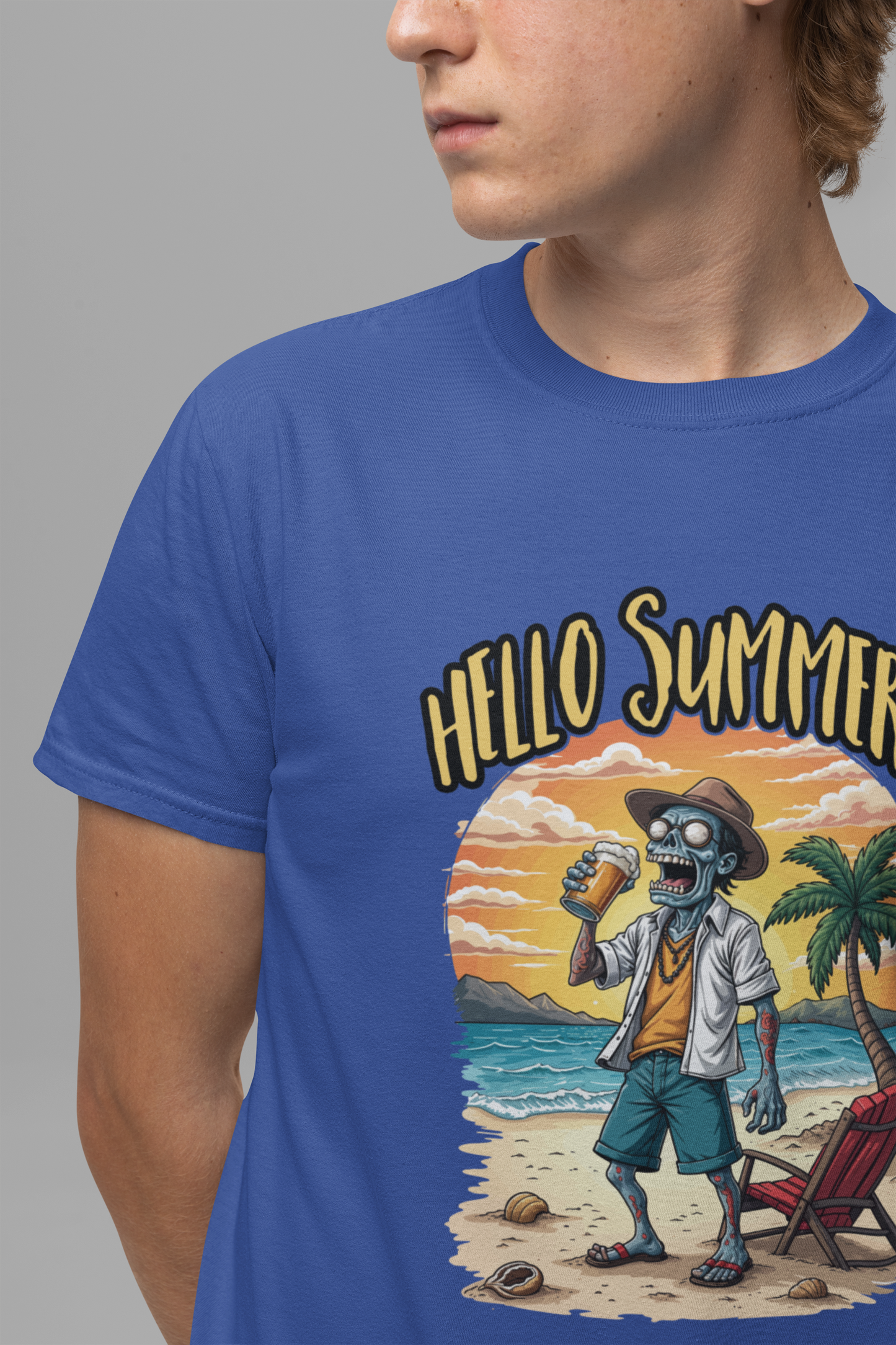 Hello Summer Tshirt Old Zombie with Cap, Beer Glass, Beach, Palm Trees & Reclining Chair