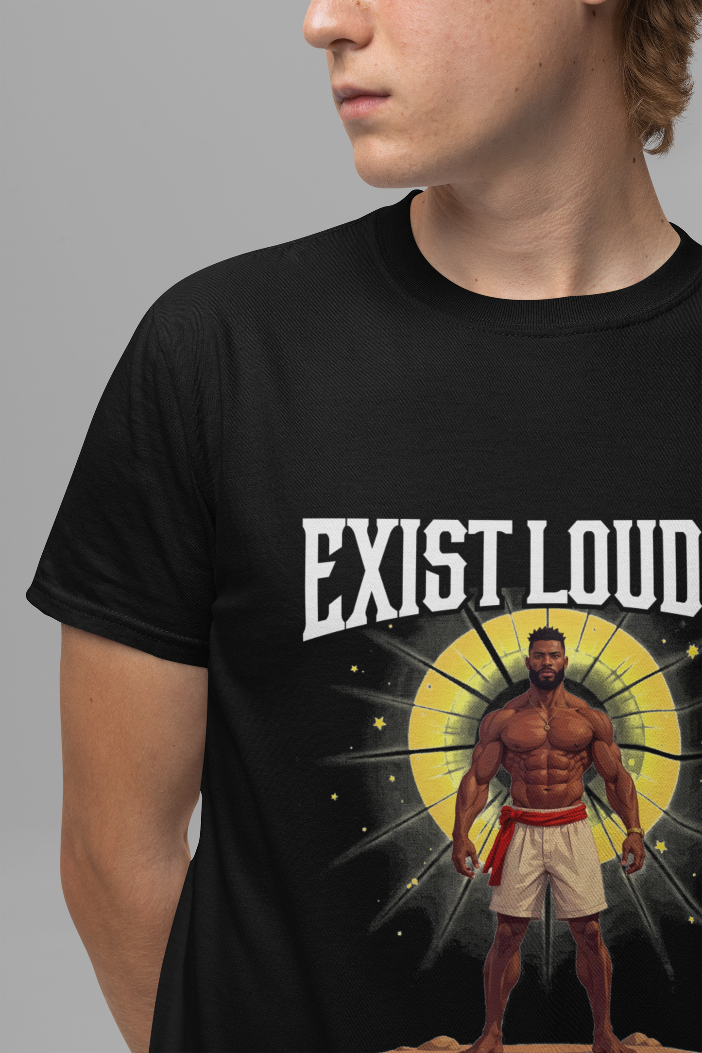 Exist Loudly – Strong Muscular Man with Red Belt & Glowing Light Graphic T-Shirt