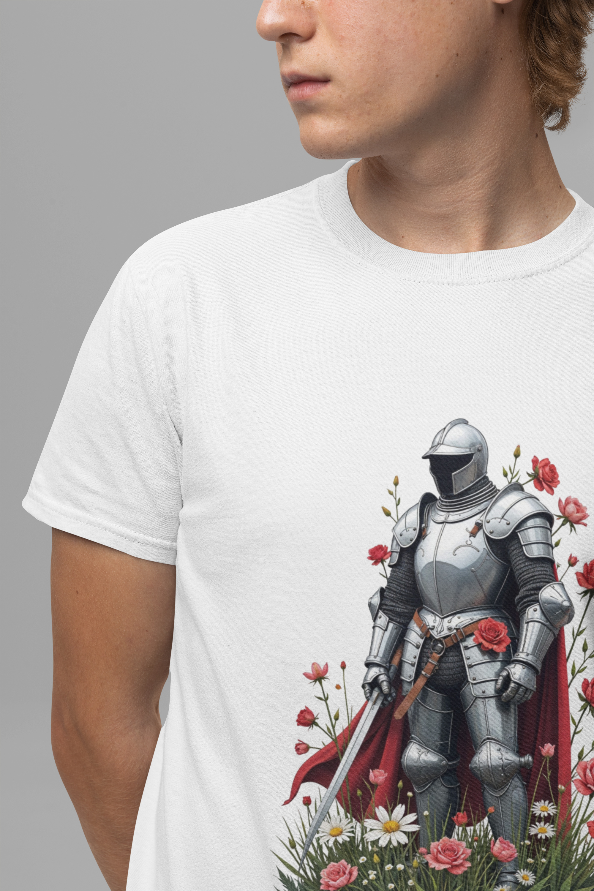 Medieval Knight and Roses Graphic Shirt – Strength and Beauty