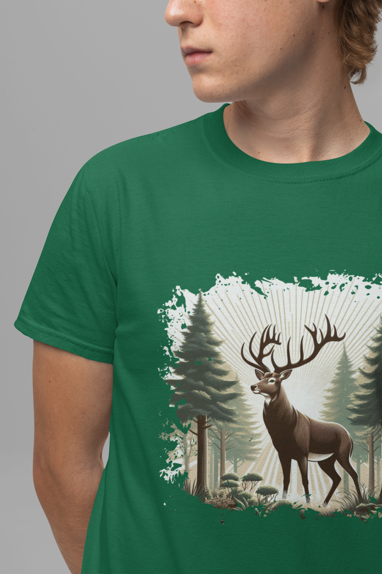 Majestic Deer with Large Antlers | Sunlight Through Foggy Forest Graphic T-Shirt