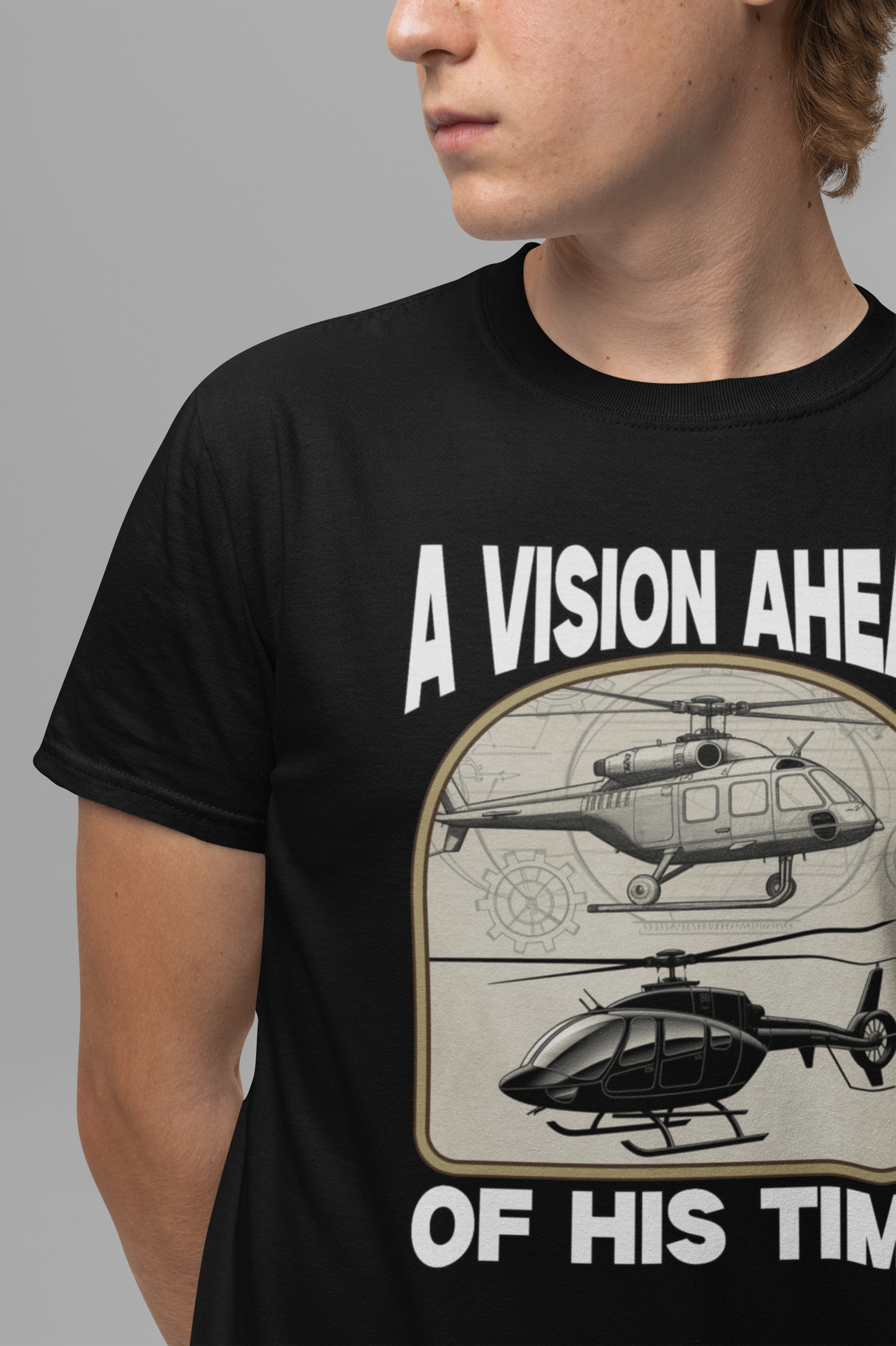 A Vision Ahead of His Time Tshirt – Da Vinci’s Helicopter and Modern Chopper Graphic