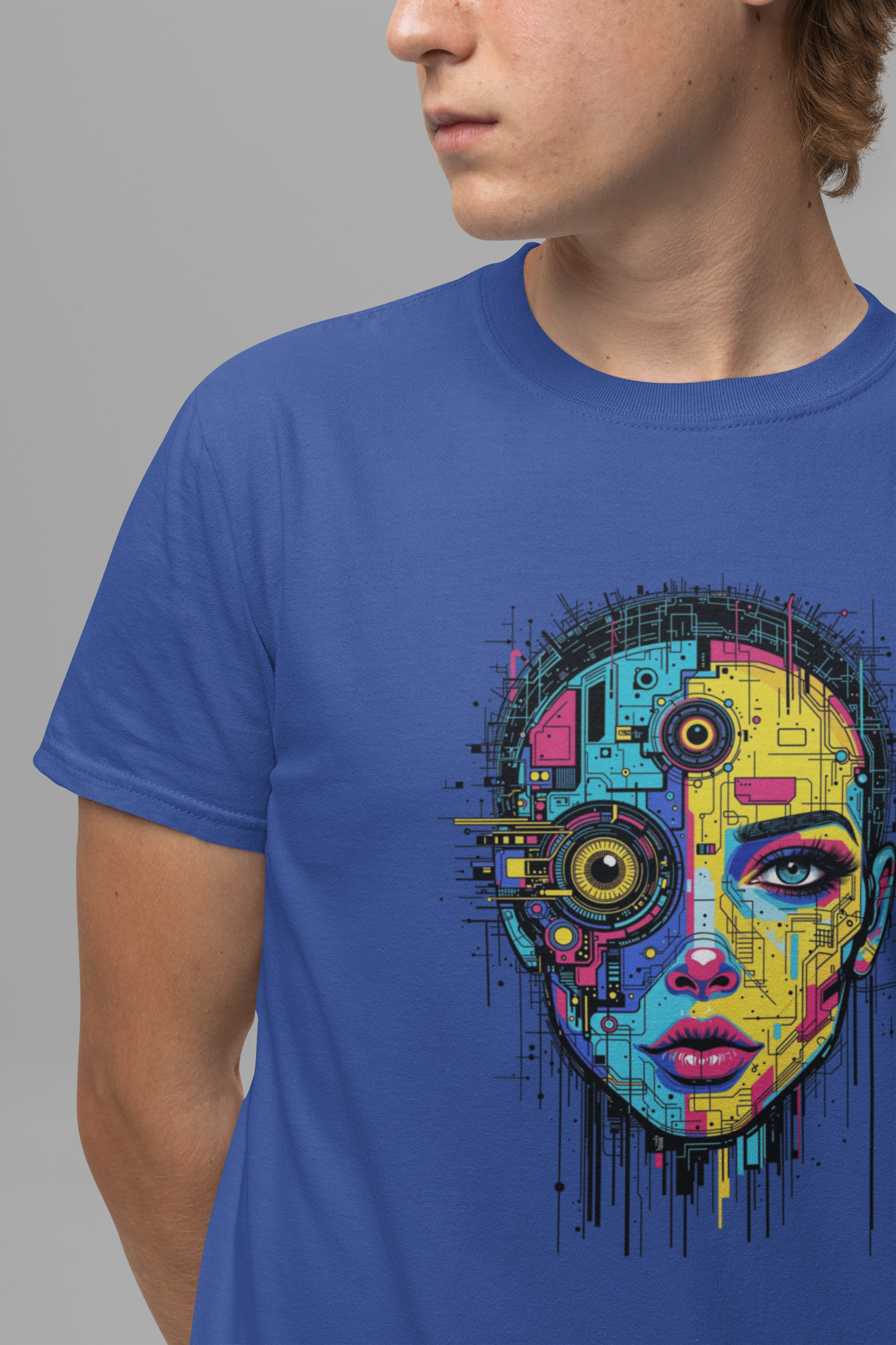 Third Eye Glitch – Robotic Woman with Circuit Face and Three Eyes Graphic T-Shirt