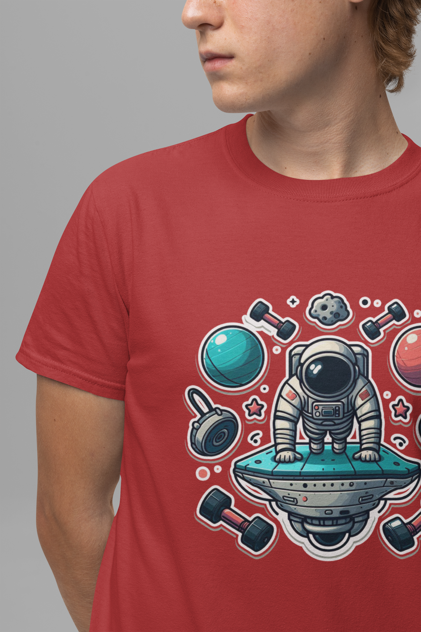 Rocket Science is My Cardio - Astronaut Doing Pushups Tshirt – Space Workout with Gadgets, Planets, and Dumbbells