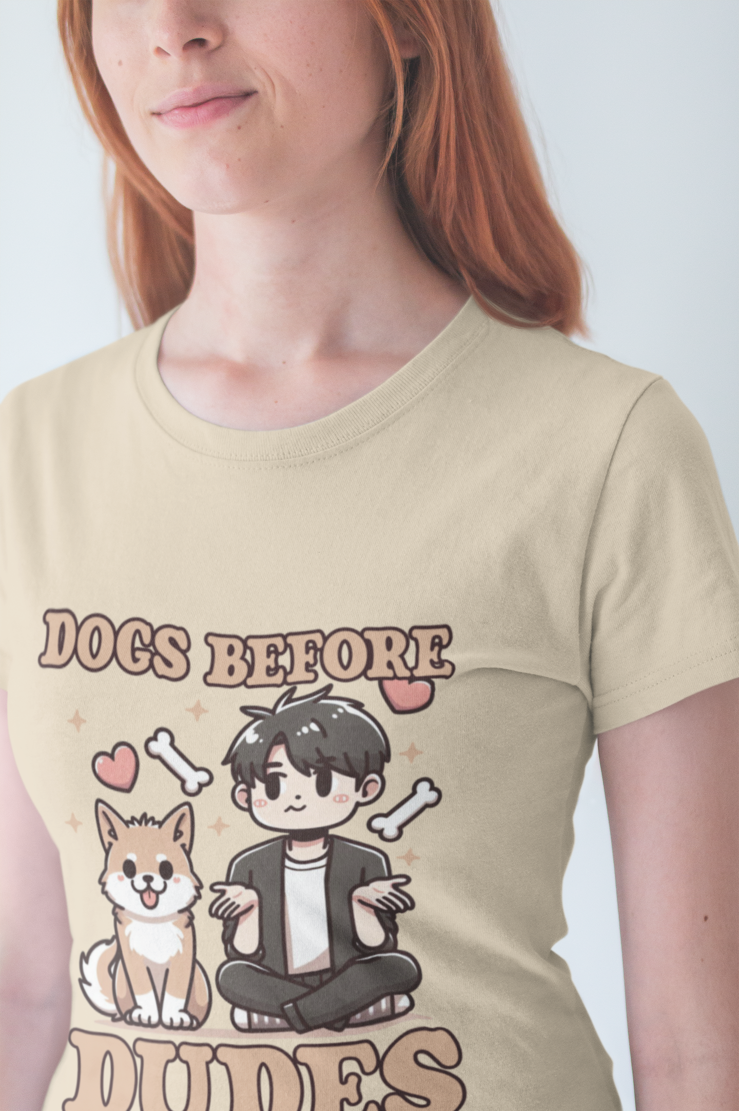Dogs Before Dudes | Smiling Puppy & Surprised Boy with Hearts, Bones, and Stars T-Shirt