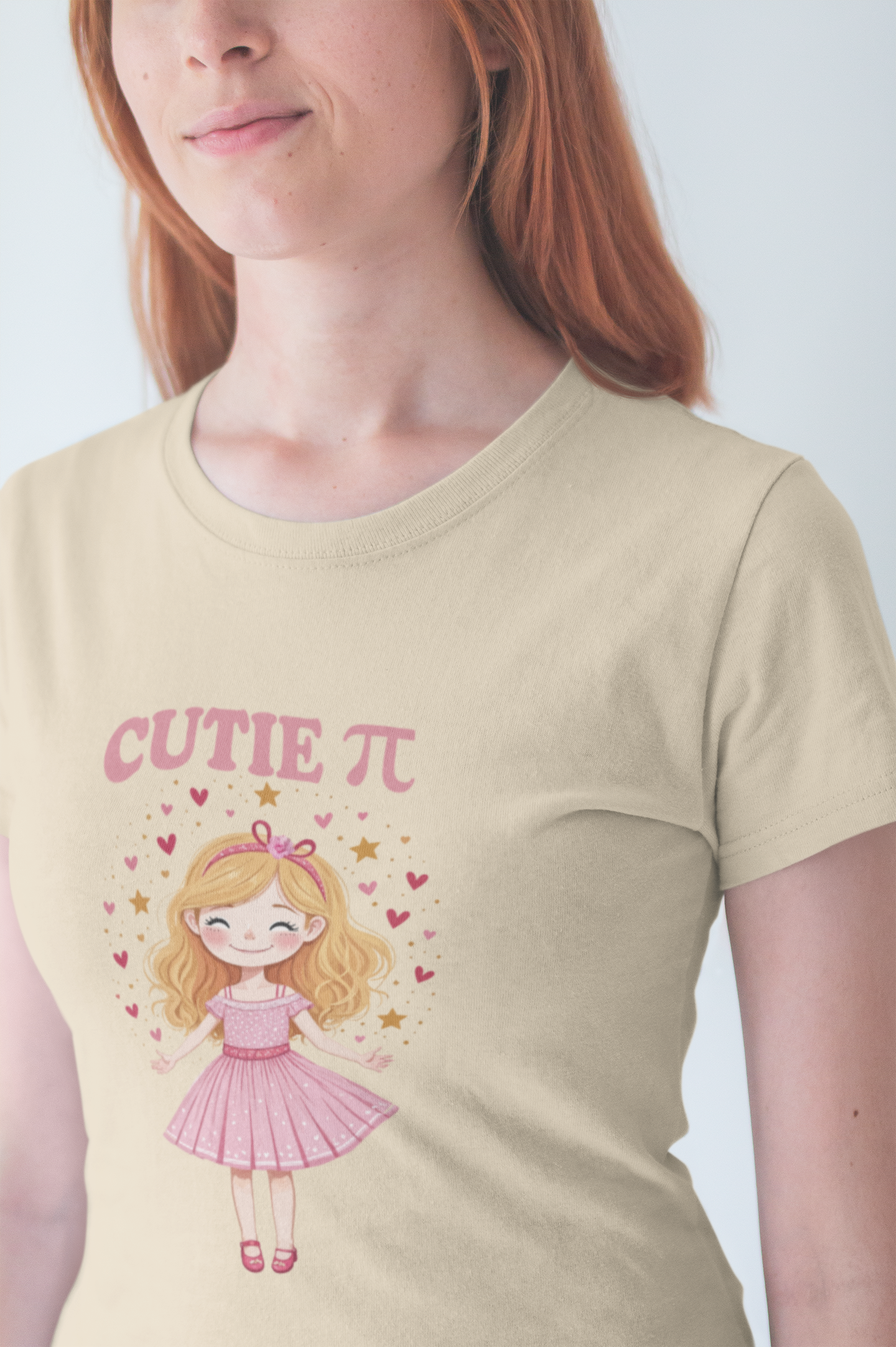 Cutie Pi Tshirt – Happy Girl with Pi Symbol, Hearts, and Stars Graphic
