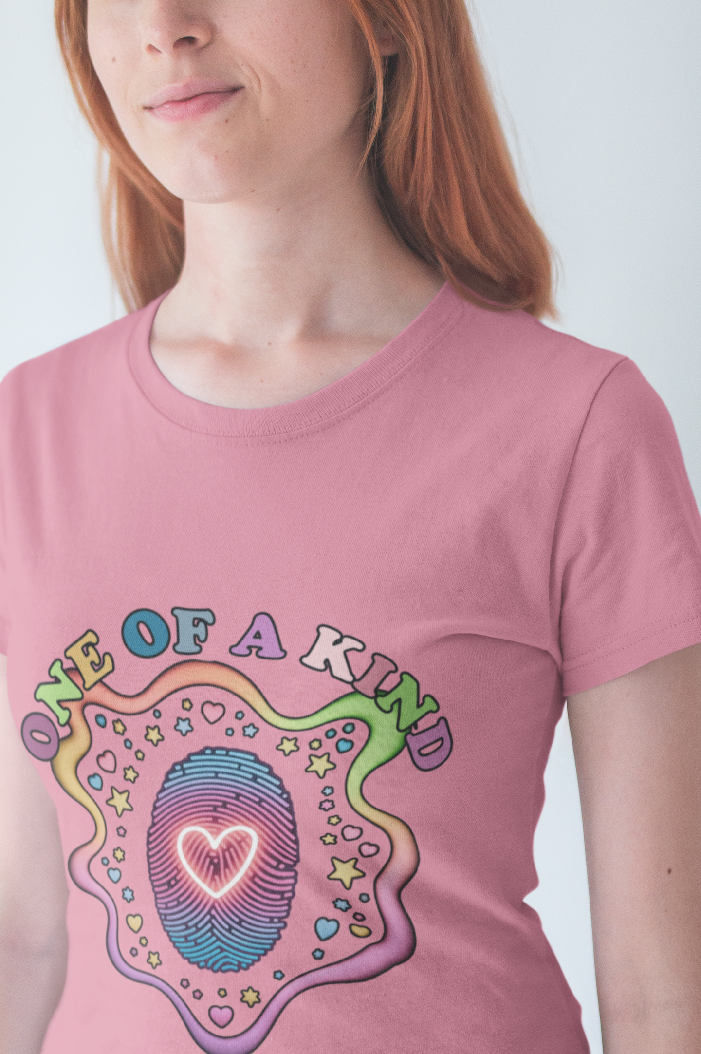One of a Kind – Embrace Your Uniqueness Colorful Abstract Embryo with Fingerprint & Glowing Heart Graphic T-Shirt