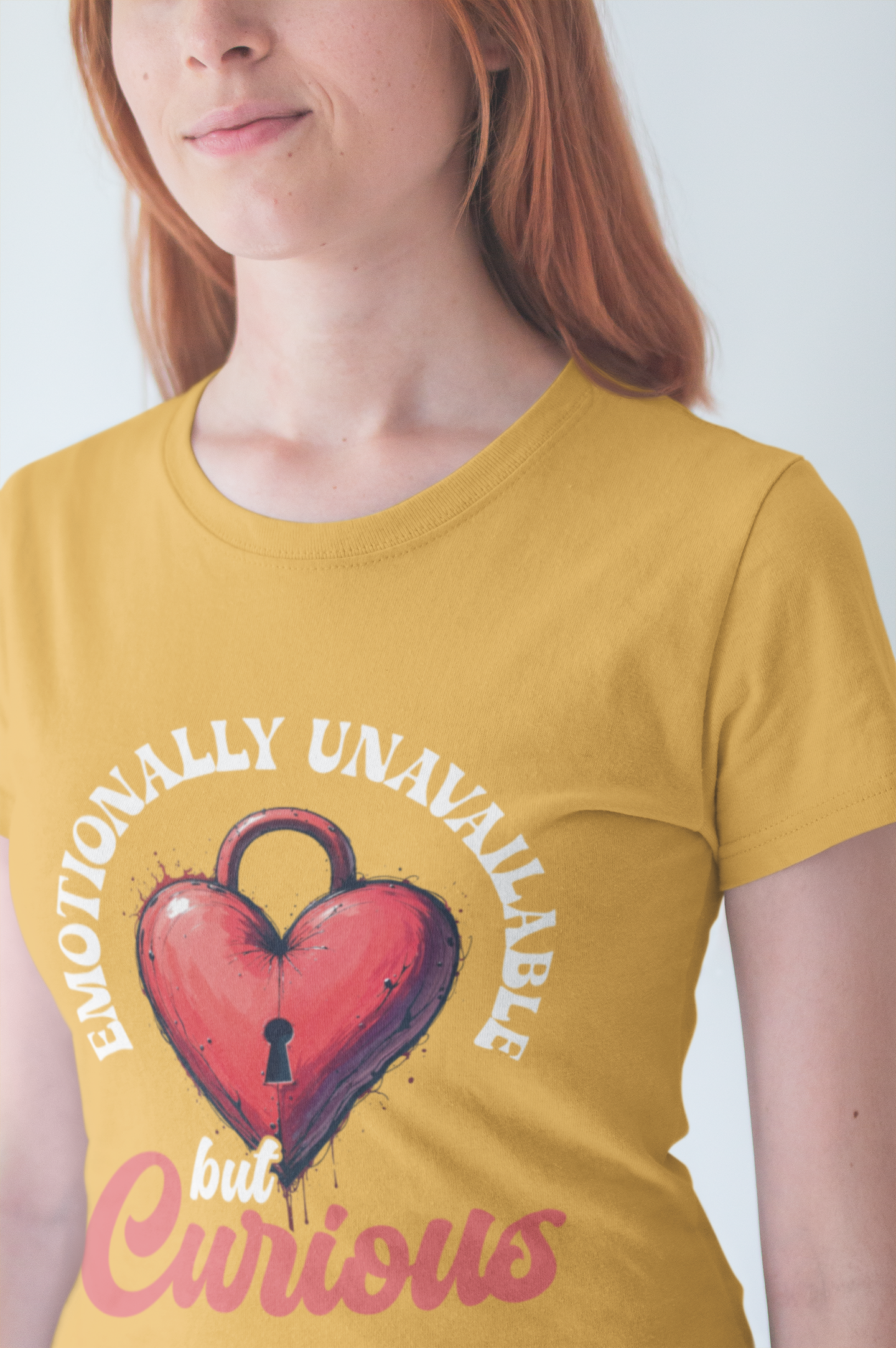 Emotionally Unavailable But Curious – Red Heart Lock Graphic T-Shirt