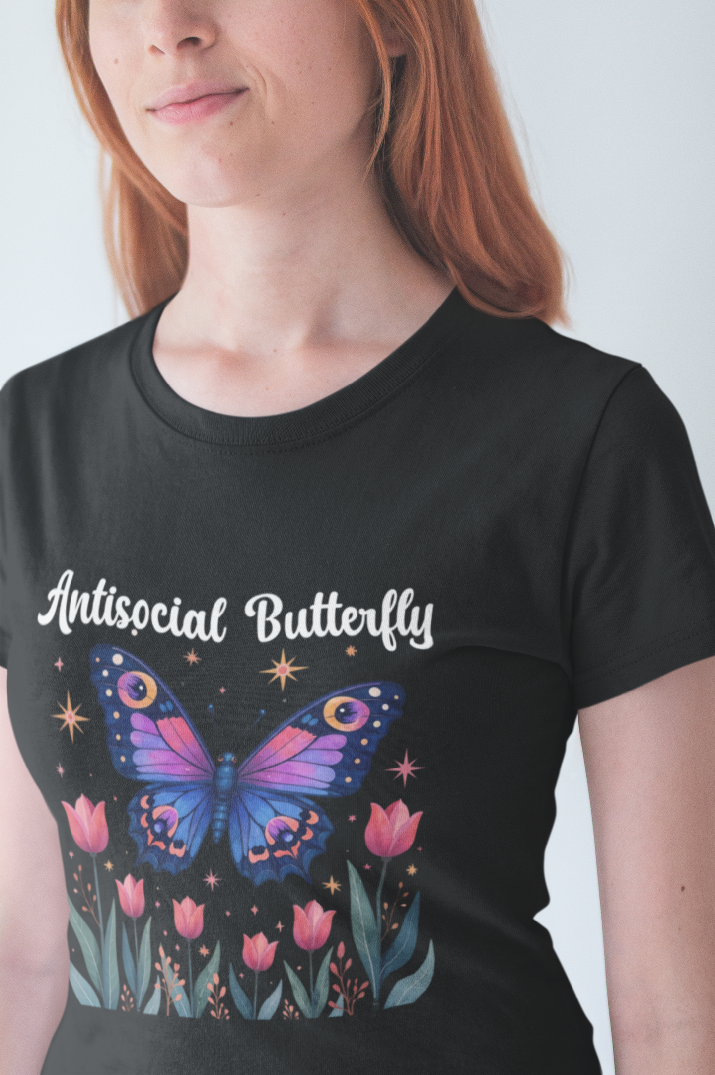 Antisocial Butterfly – Large Butterfly Above Flower Plants Graphic T-Shirt