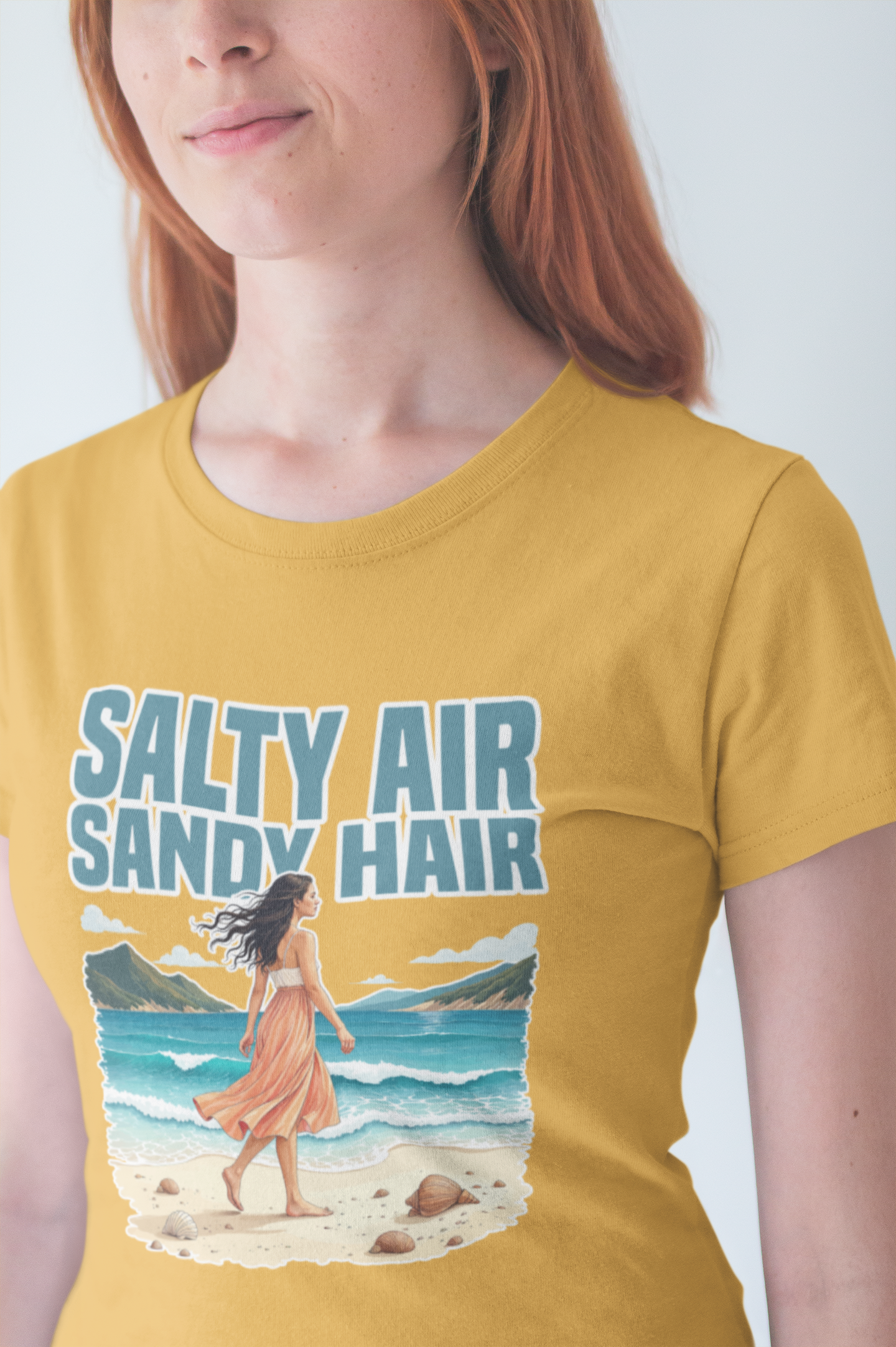 Salty Air Sandy Hair Tee, Beach Babe Shirt, Ocean Mood Graphic Tee, Summer Coastline Top, Coastal Girl Gift Tee