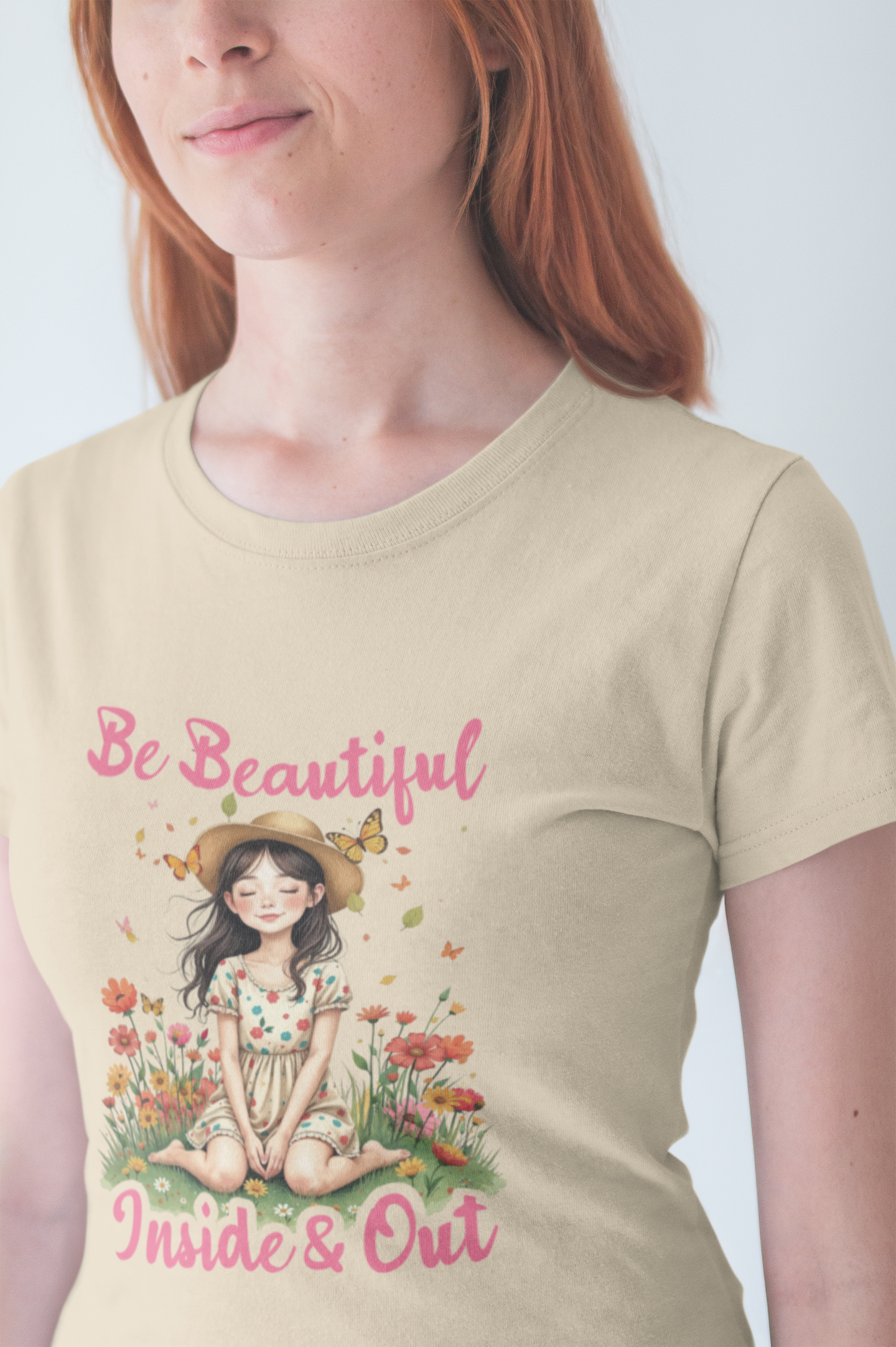 Be Beautiful Inside and Out – Girl Sitting with hat Surrounded by Flowers Graphic T-Shirt