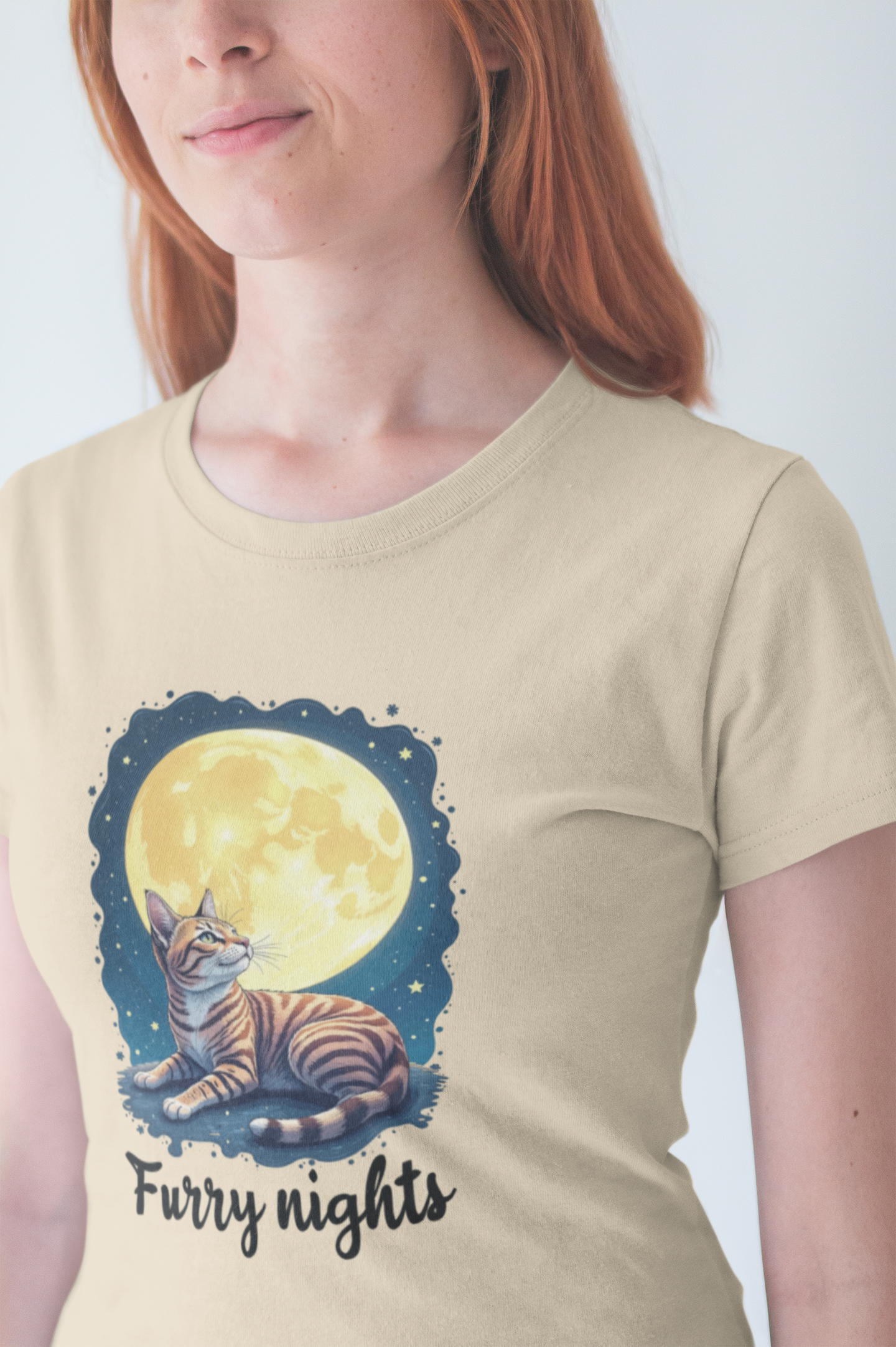 Moon Bath  - Furry Nights – Cat Watching Full Moon and Starry Sky Graphic T-Shirt