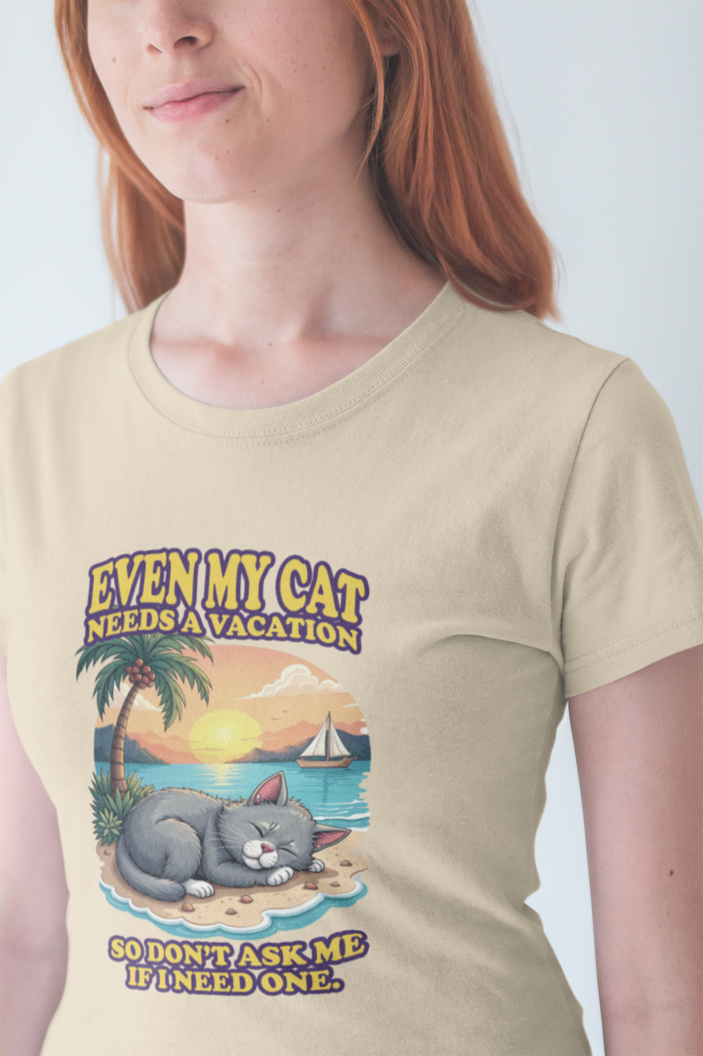 Even My Cat Needs a Vacation T-Shirt – Funny Cat Beach Graphic Tee