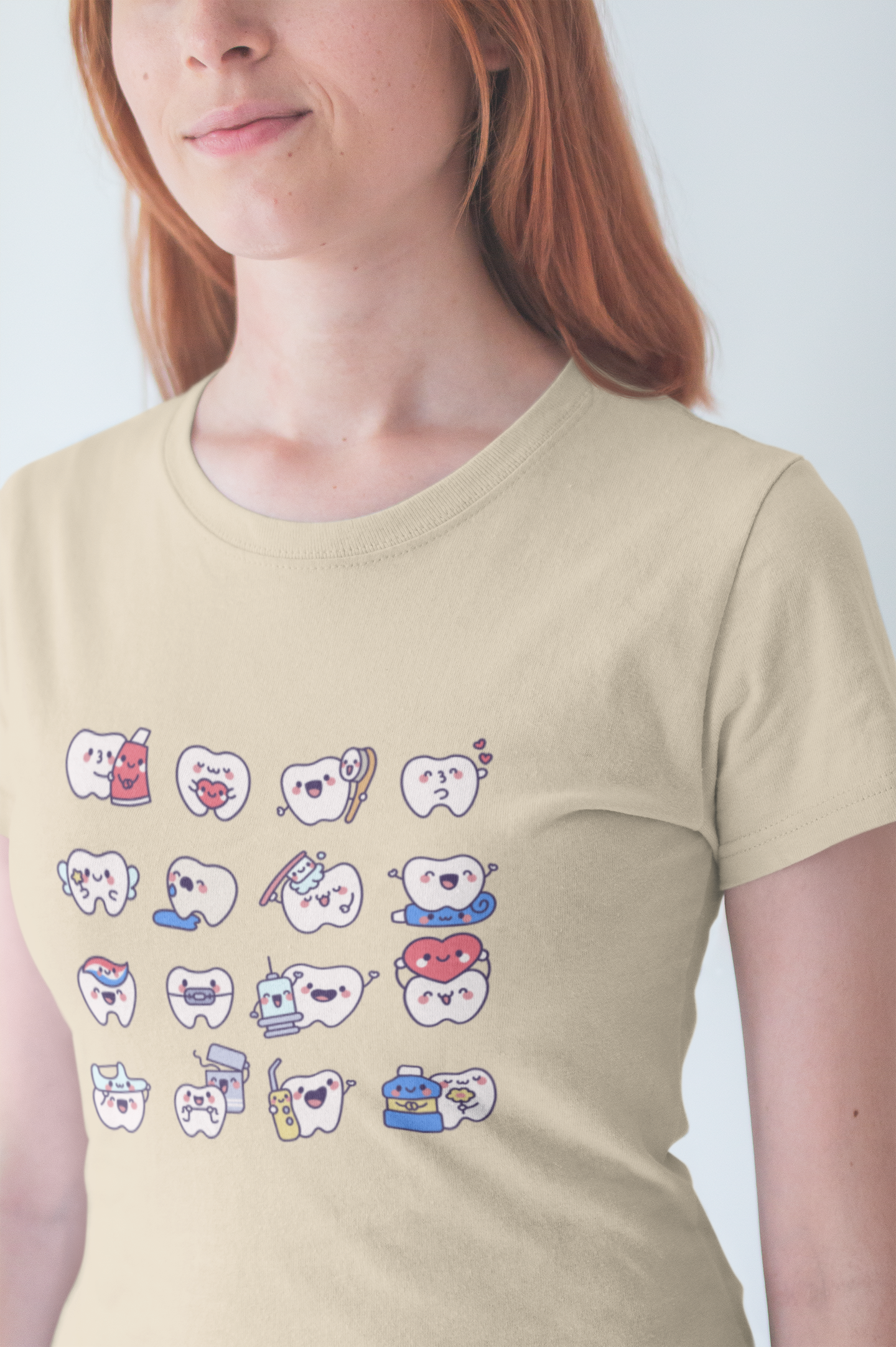 Happy Smiling Teeth T Shirt Sixteen Tooth Characters with Dental Care Items