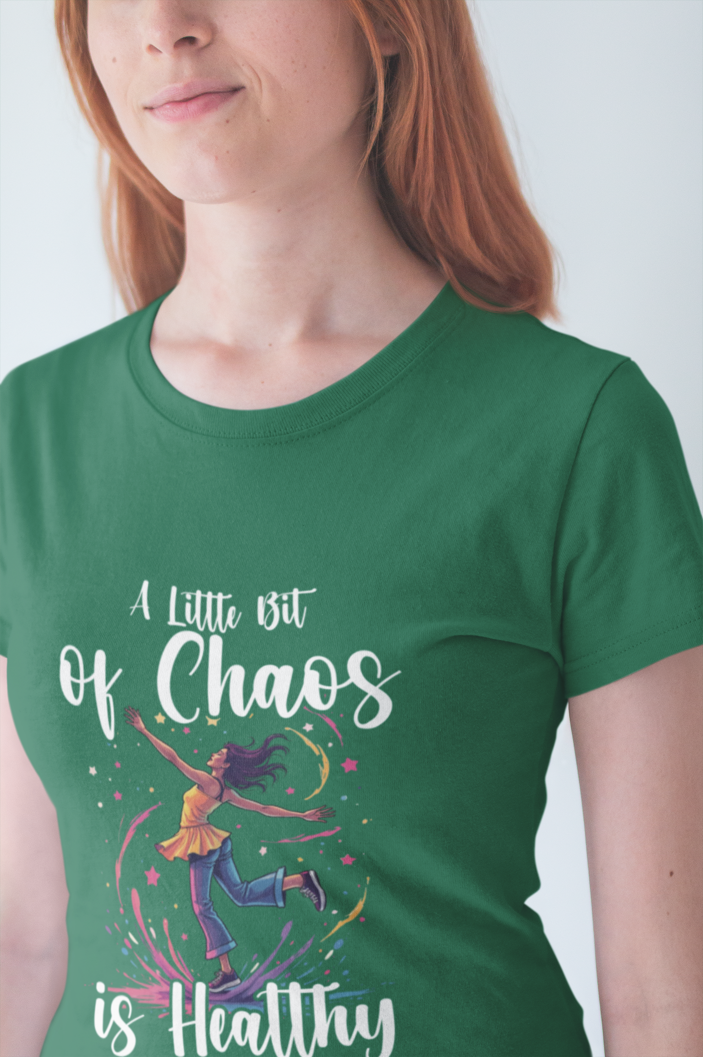 A Little Bit of Chaos Is Healthy – Girl Balancing on Colorful Splash with Stars Graphic T-Shirt