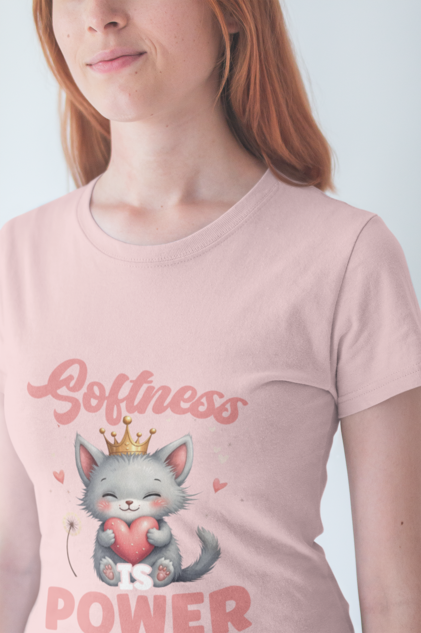 Softness Is Power – Adorable Cat with Heart & Crown Graphic T-Shirt