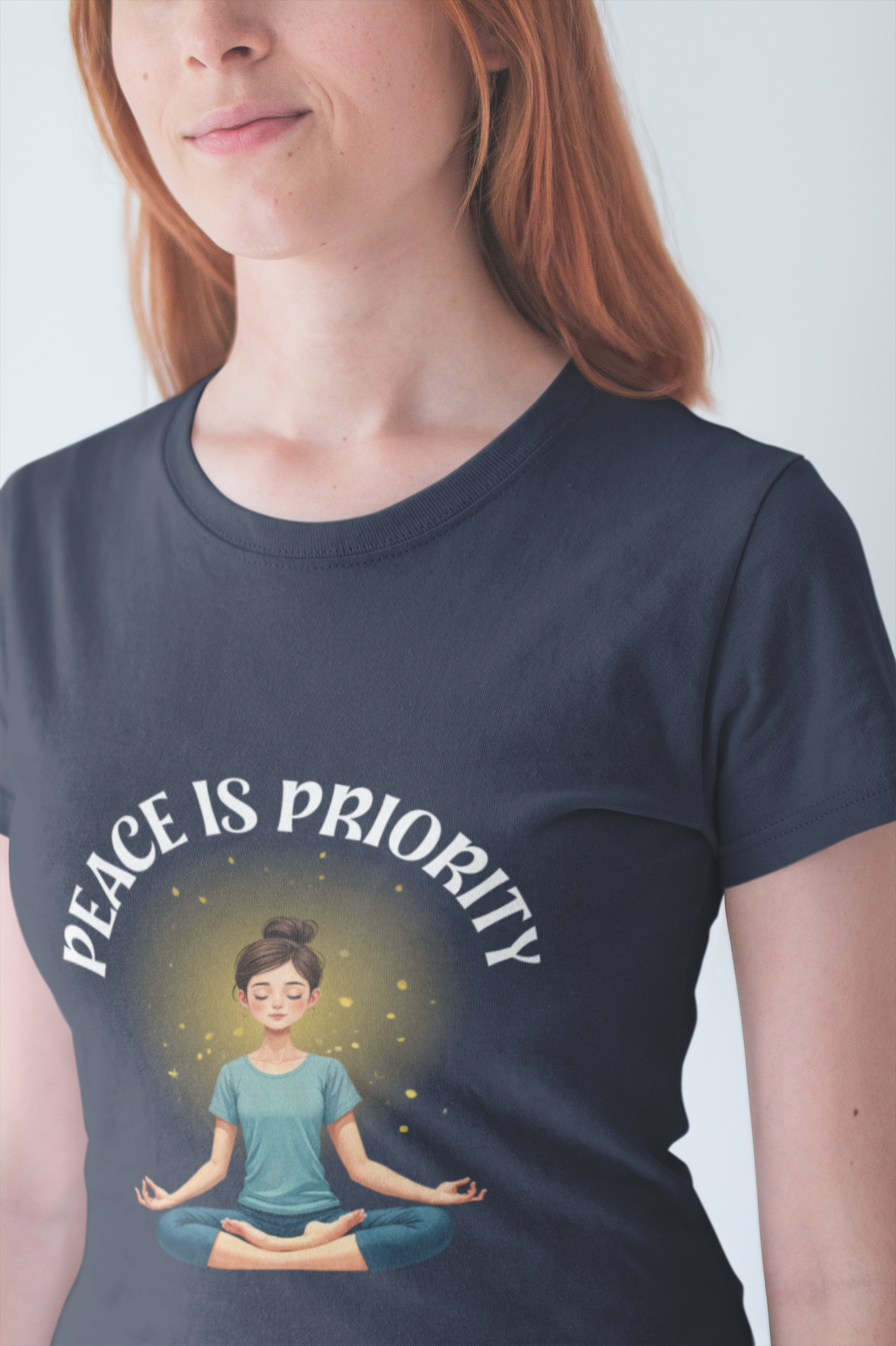 Peace Is Priority – Meditating Woman with Glowing Aura Graphic T-Shirt