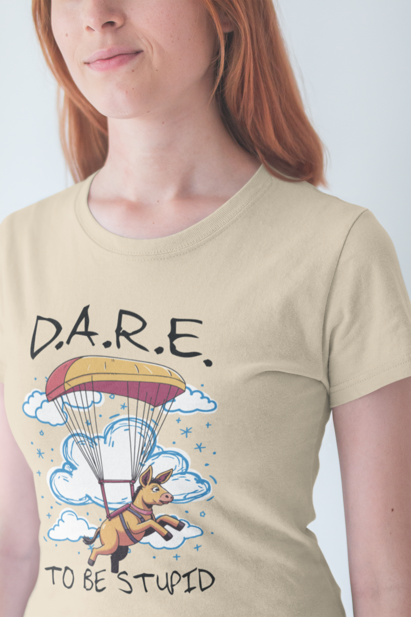 Dare to Be Stupid Tshirt – Stressed Donkey Parachuting with Clouds