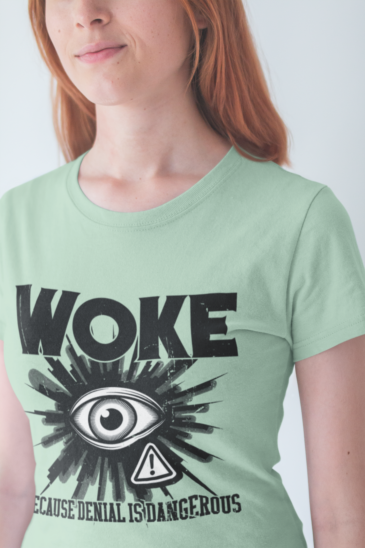 WOKE Because Denial Is Dangerous | Black Eye & Caution Symbol Graphic T-Shirt
