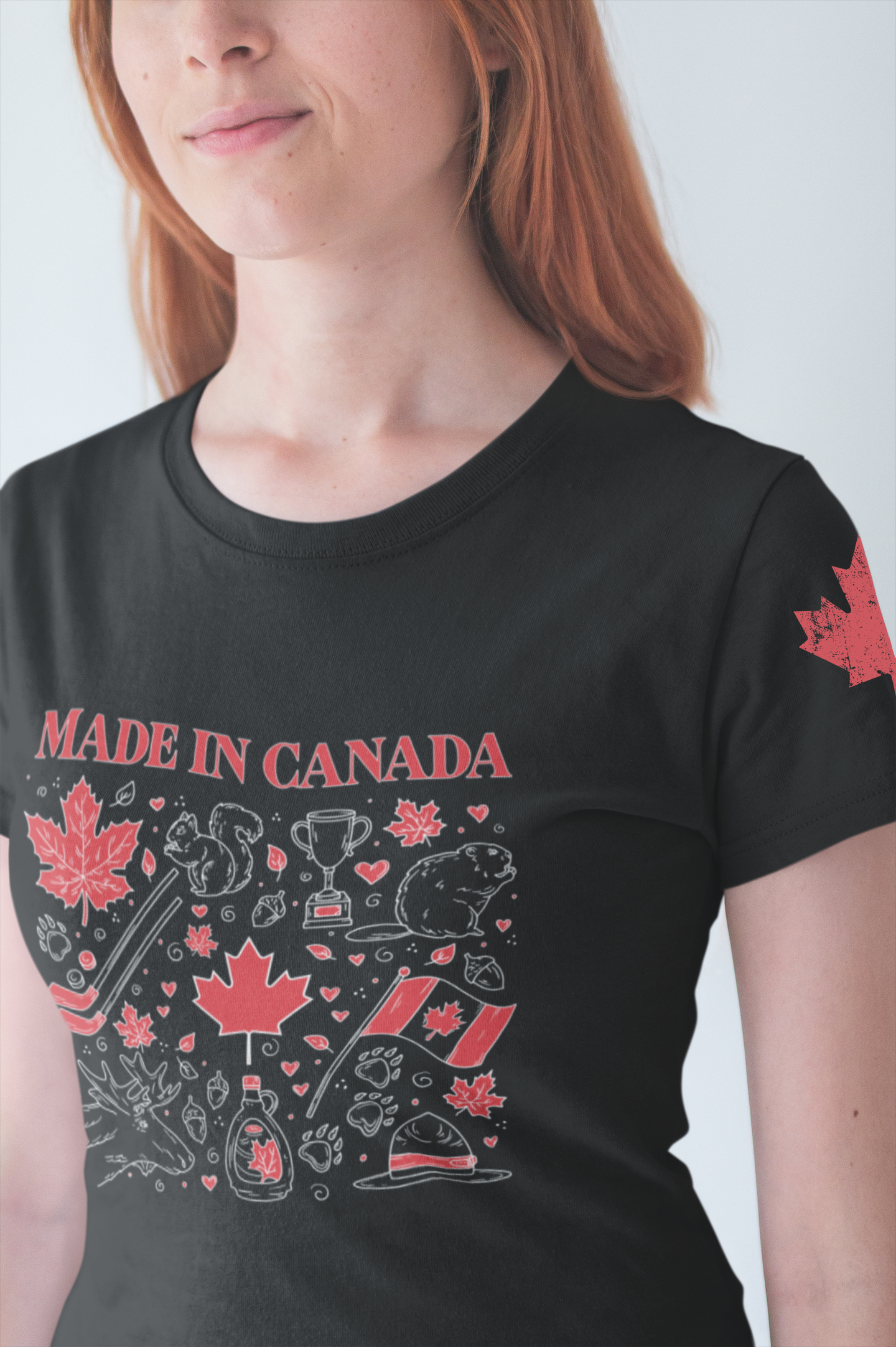 Made In Canada Iconic Symbols - Red & White outline Print T-Shirt