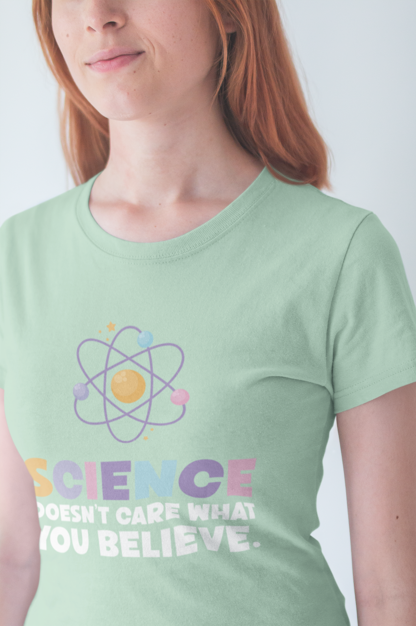 Science Doesn’t Care What You Believe T-Shirt – Atom Graphic STEM Statement Tee