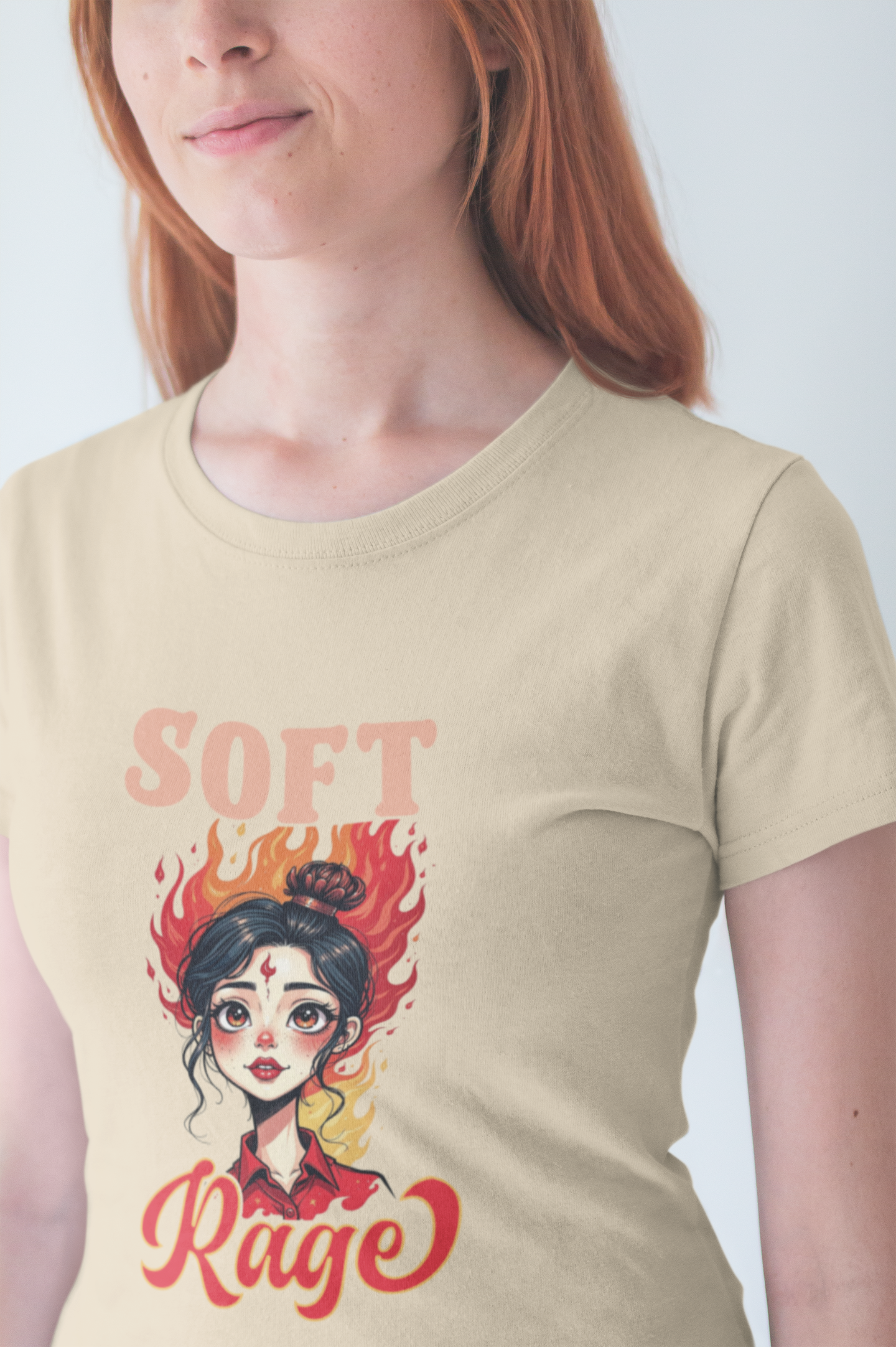 Soft Rage – Emotional Woman with Fiery Background Graphic T-Shirt