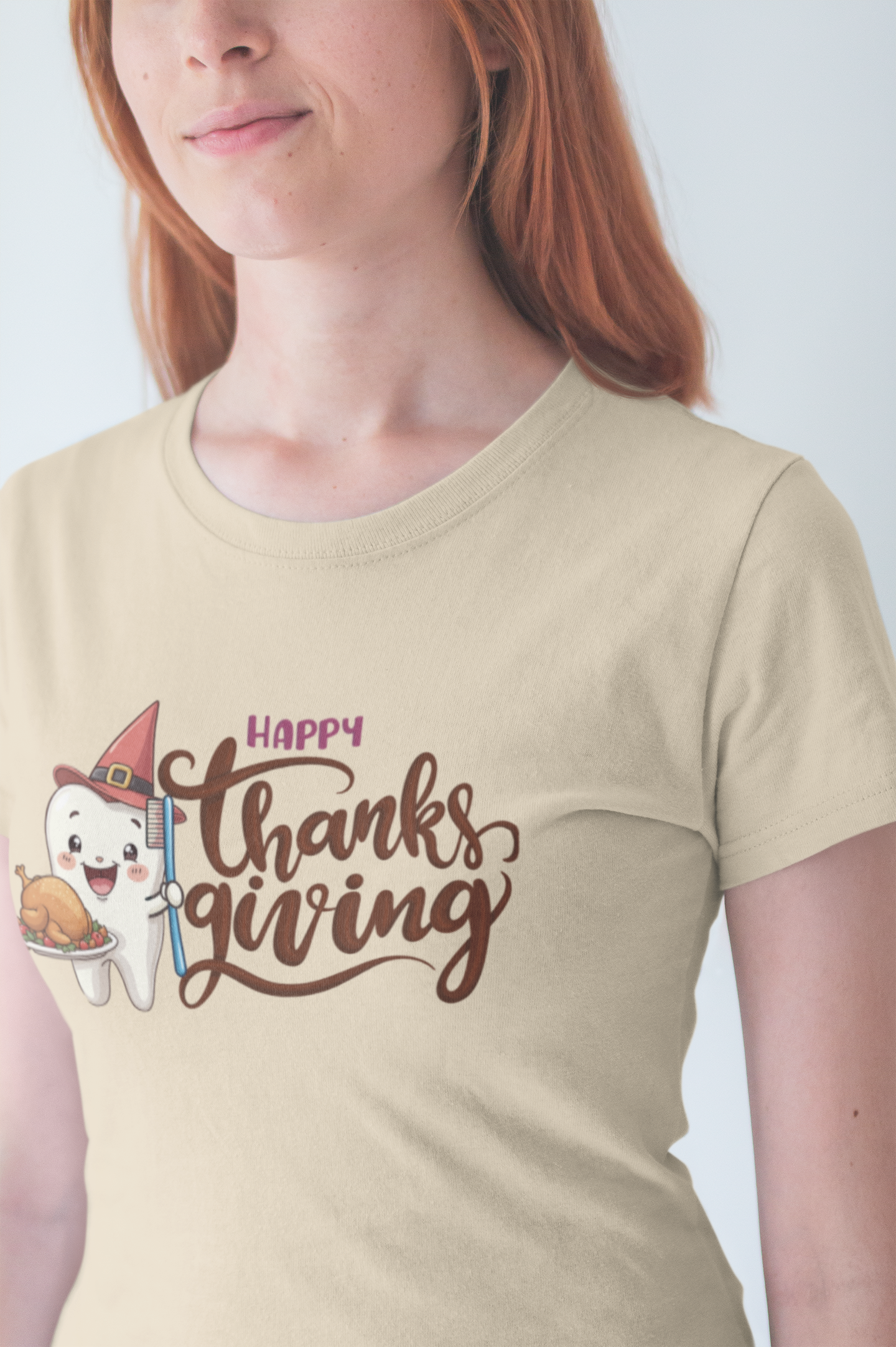 Happy Thanksgiving Dental T Shirt Smiling Tooth with Turkey Plate, Toothbrush, and a Cap