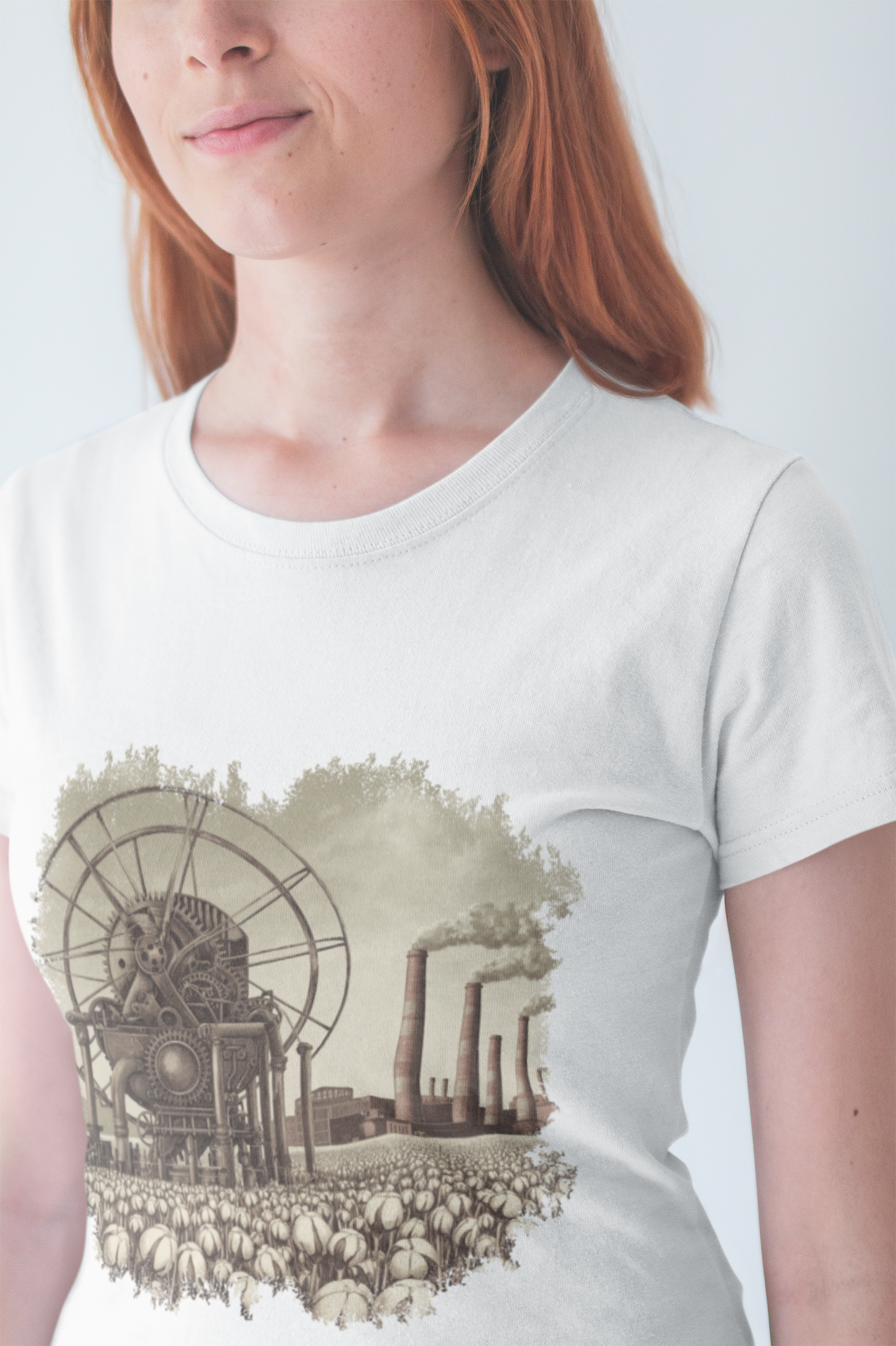 Cotton Gin Club Tshirt – Harvest-Ready Cotton Field with Historic Spinning Machine and Factory