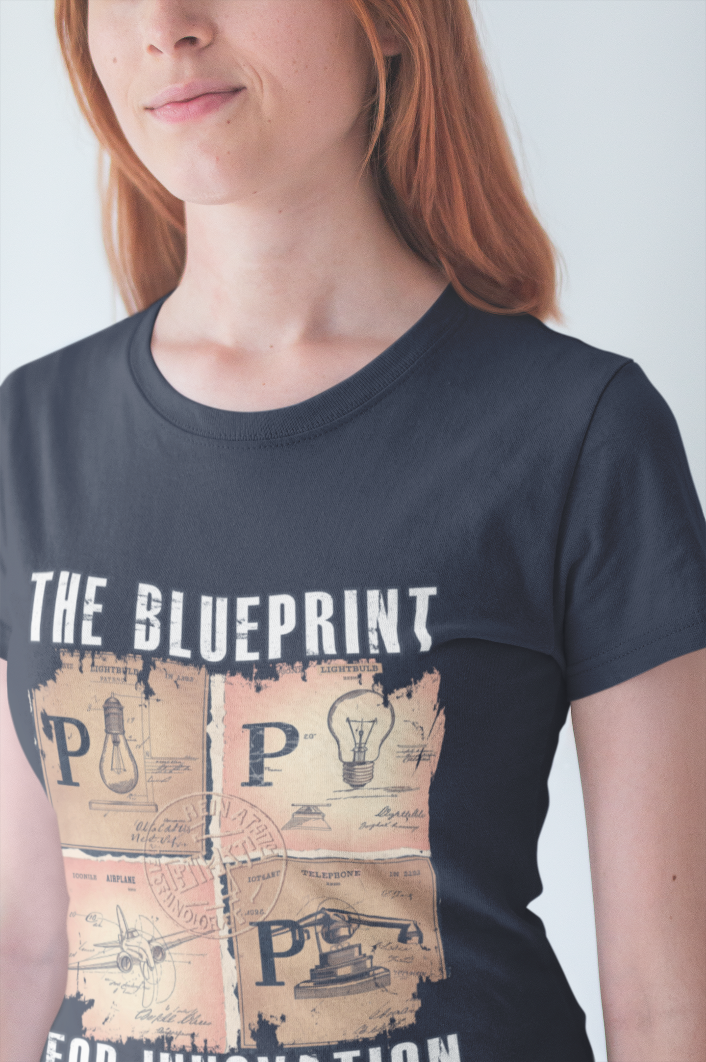 The Blueprint for Innovation Tshirt – Vintage Paper with Iconic Inventions Graphic