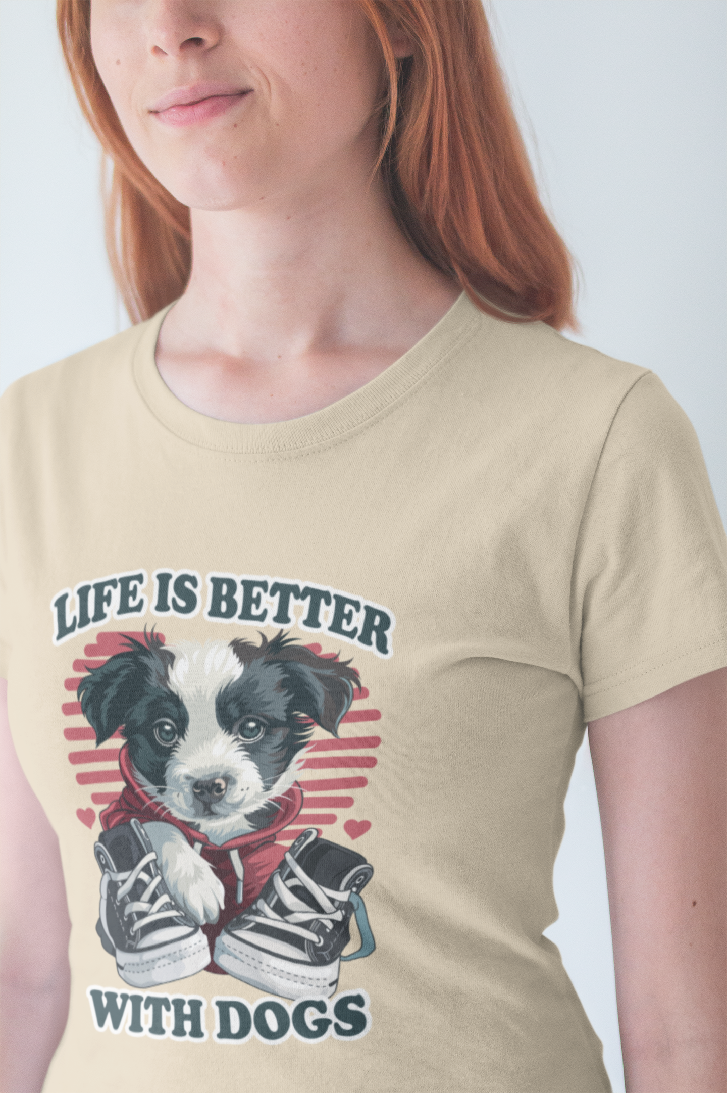 Life Is Better With Dogs T Shirt Cuddly Dog in Jacket Sitting by Shoes Graphic