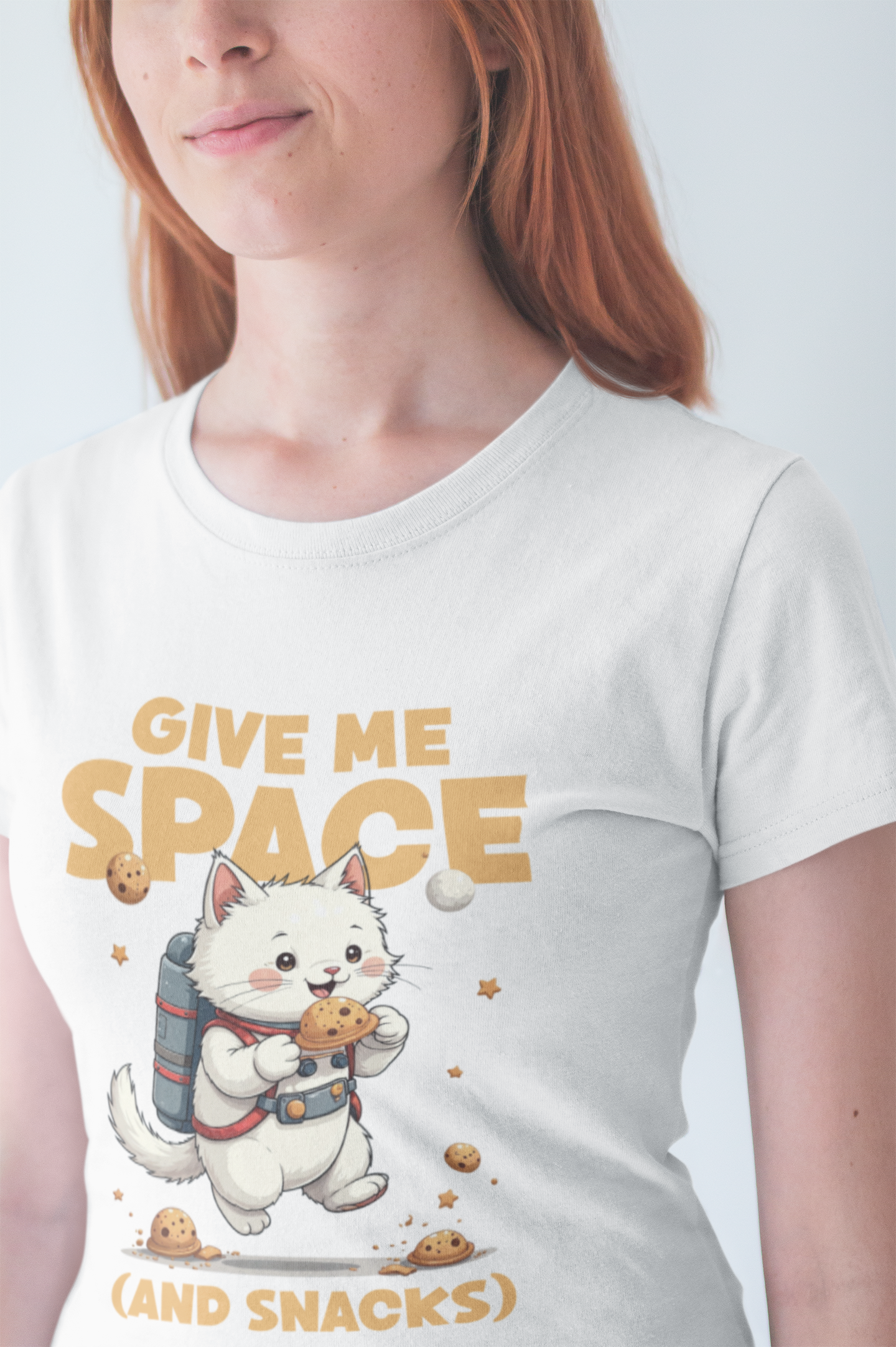 Give Me Space (and Snacks) – Jetpack Cat Walking with Snacks Funny Graphic T-Shirt