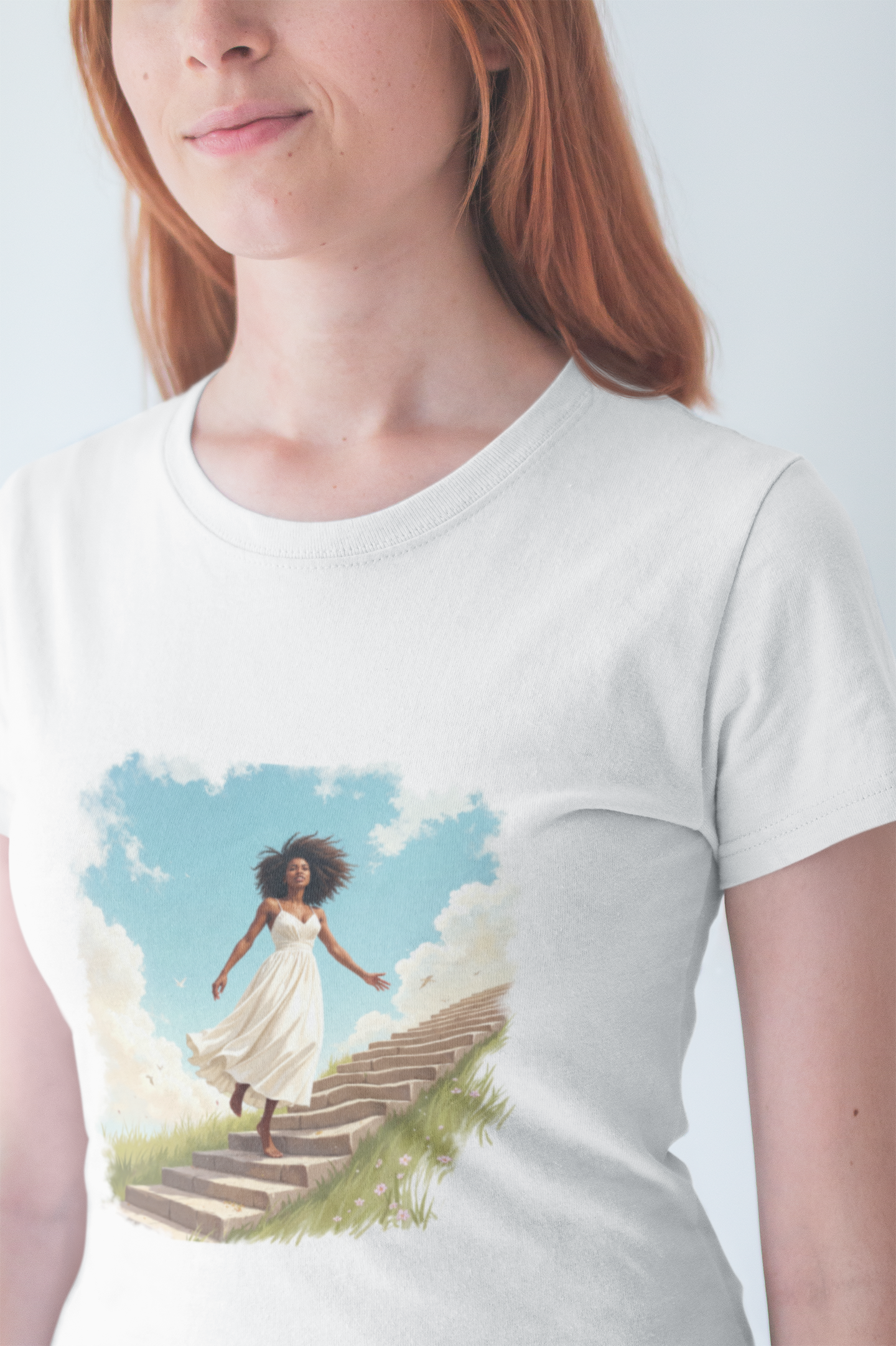 Graceful Woman in White Dress Walking on Stairs – Blue Sky & Green Ground Graphic T-Shirt