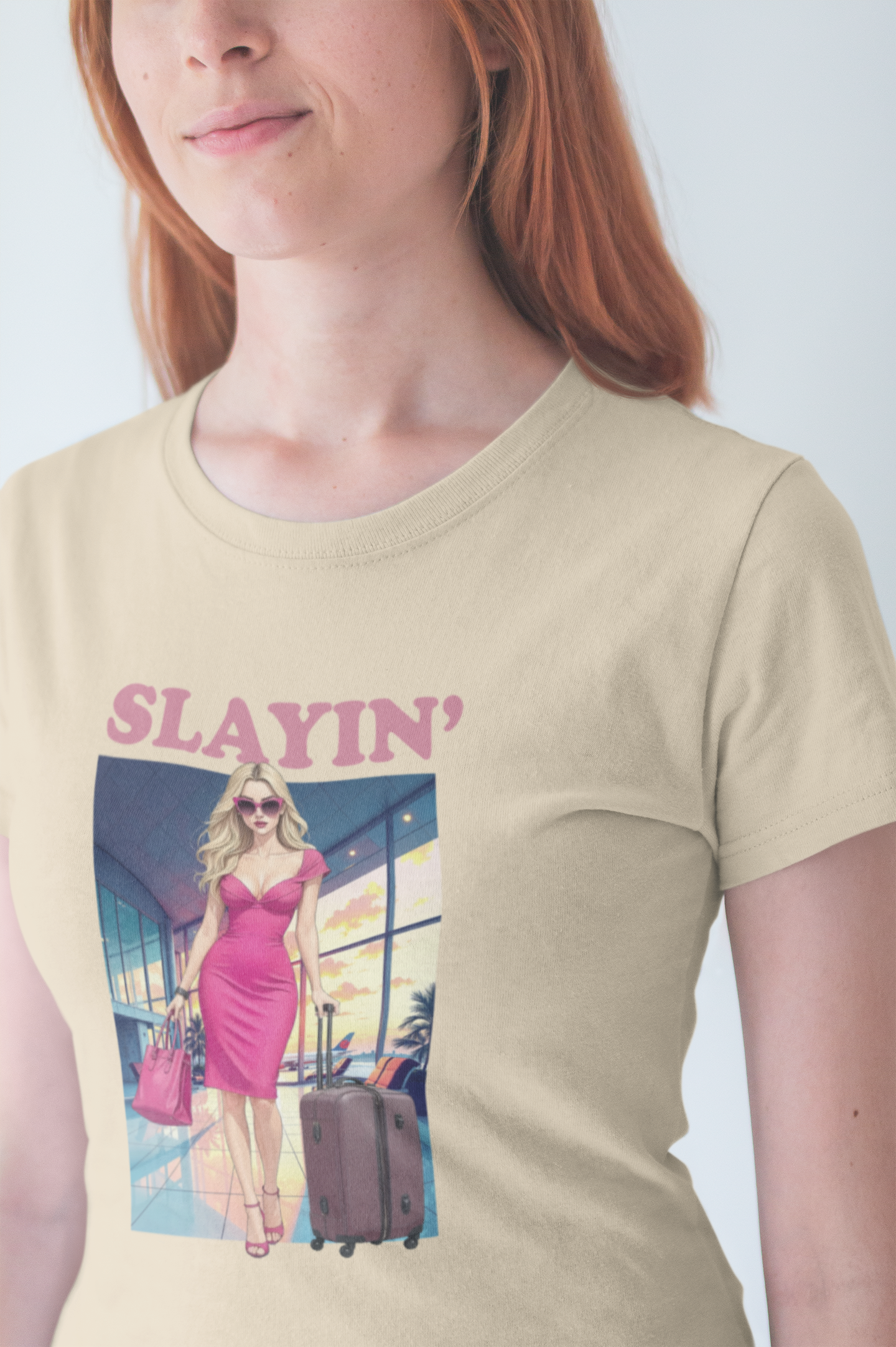 Slayin’ – Pink Airport Lounge Fashion Graphic T-Shirt