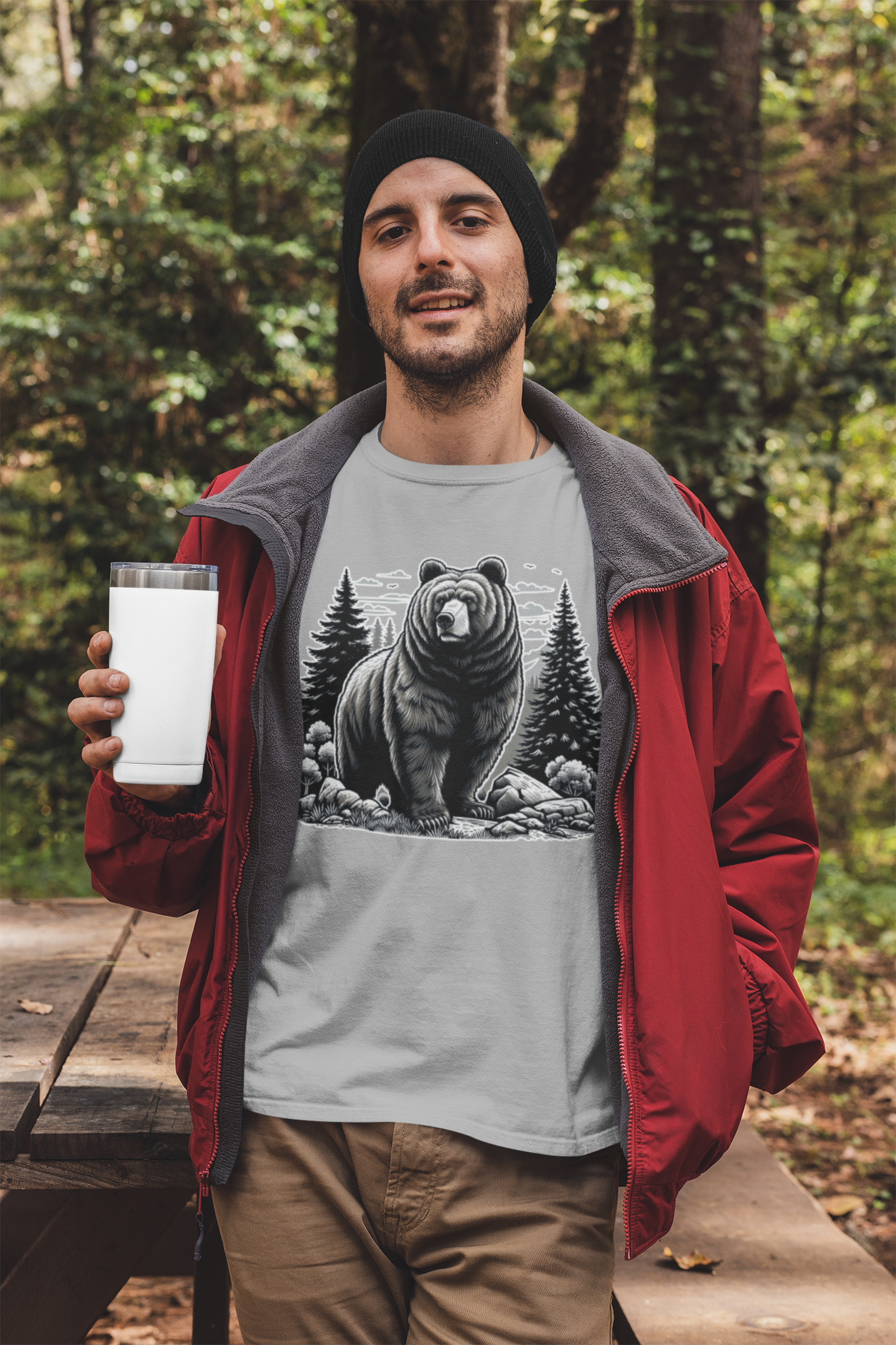 Majestic Wild Bear gazes intently at Stream Edge captivating Graphic T-Shirt