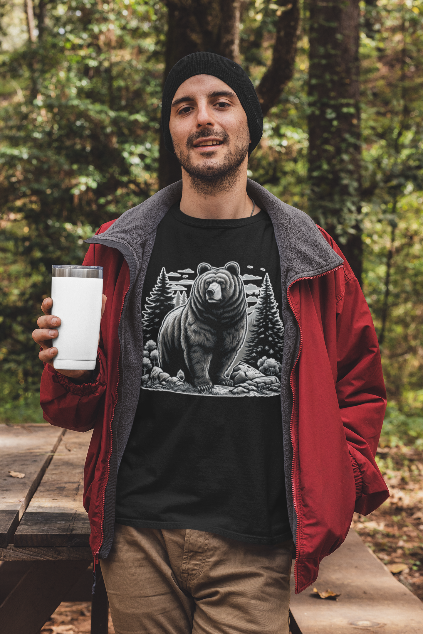 Majestic Wild Bear gazes intently at Stream Edge captivating Graphic T-Shirt