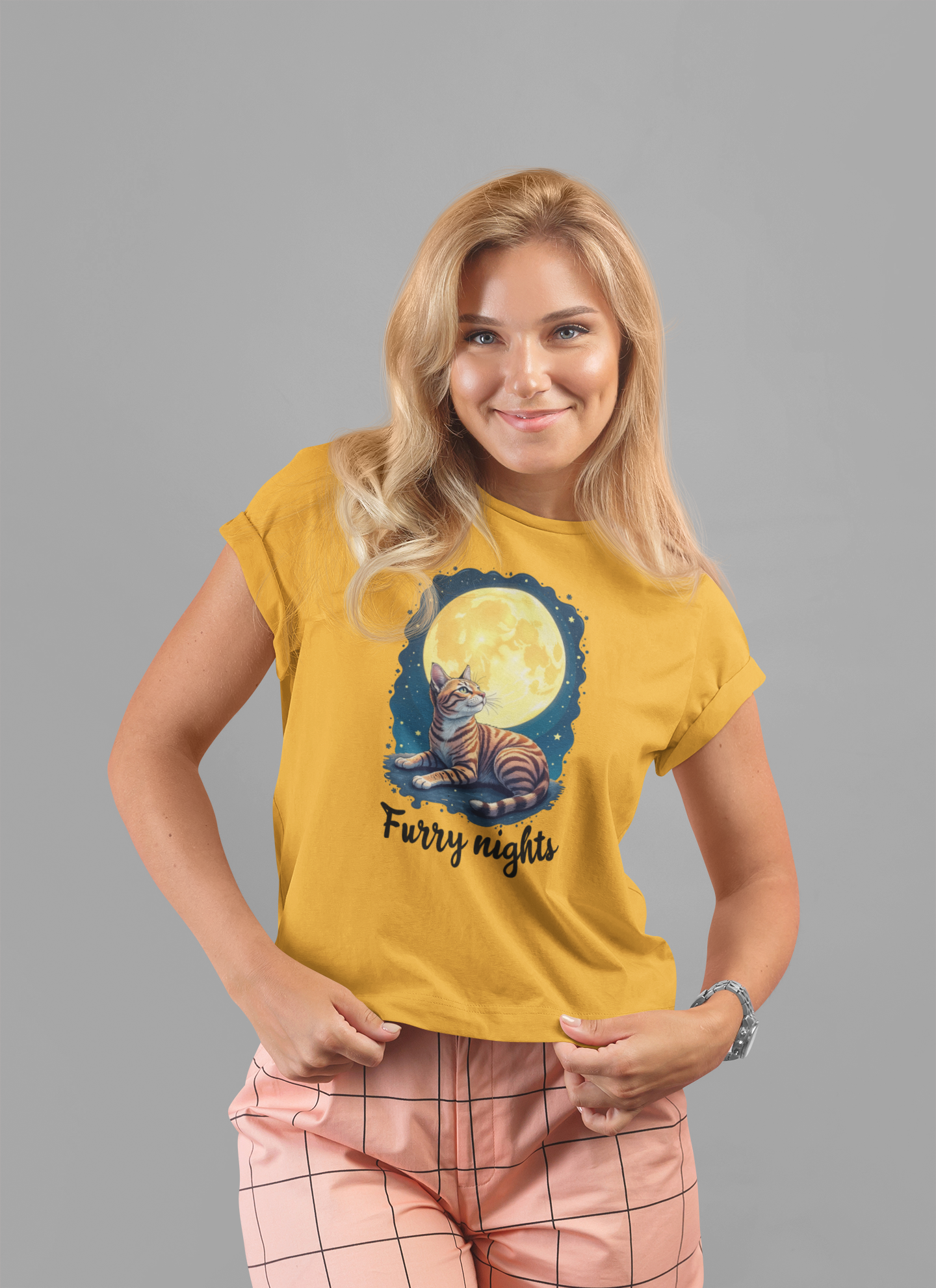 Moon Bath  - Furry Nights – Cat Watching Full Moon and Starry Sky Graphic T-Shirt