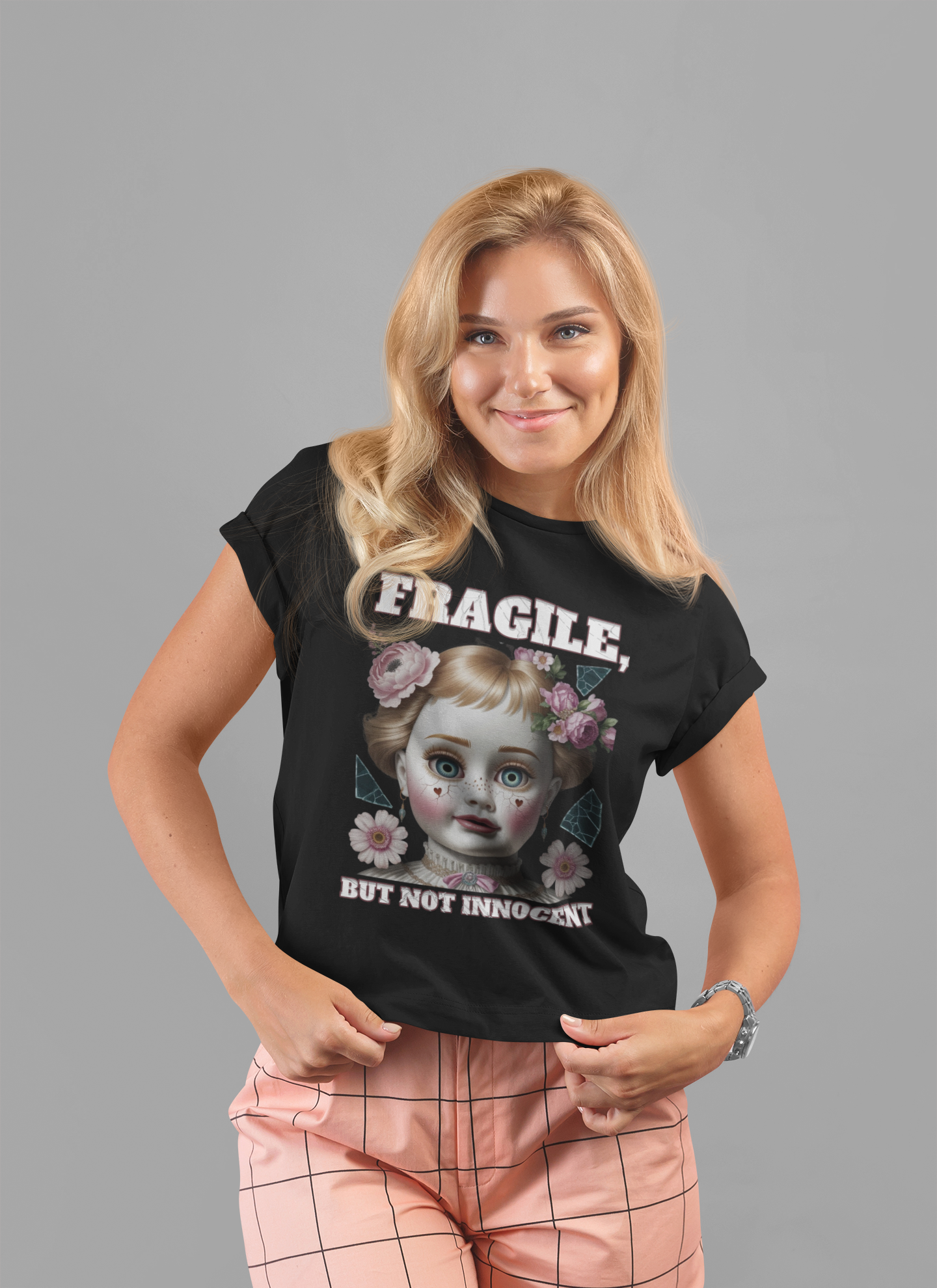Fragile, But Not Innocent | Doll Face with Flowers & Cracks Graphic T-Shirt