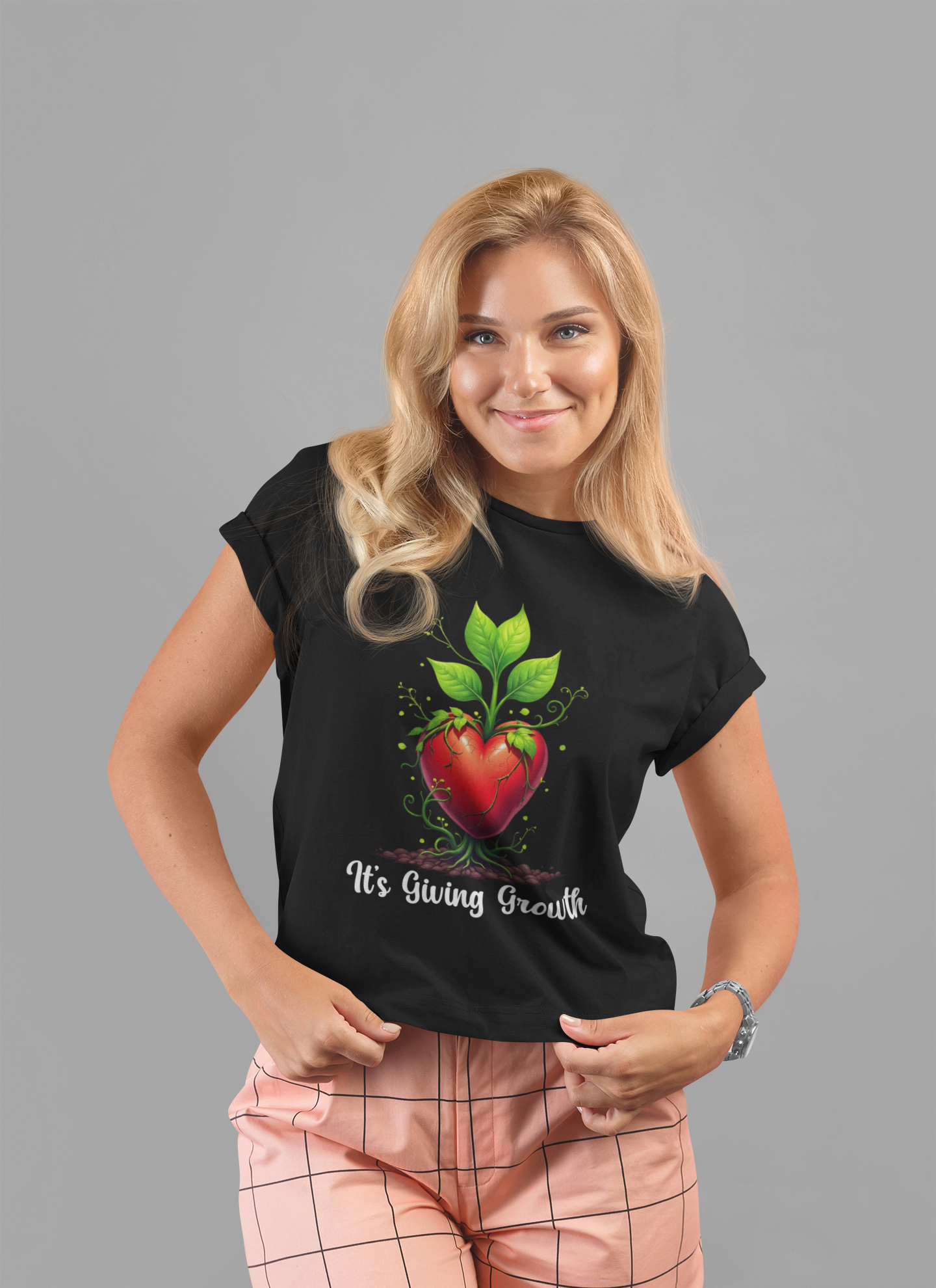 It's Giving Growth – Plant with Red Heart Trunk Graphic T-Shirt
