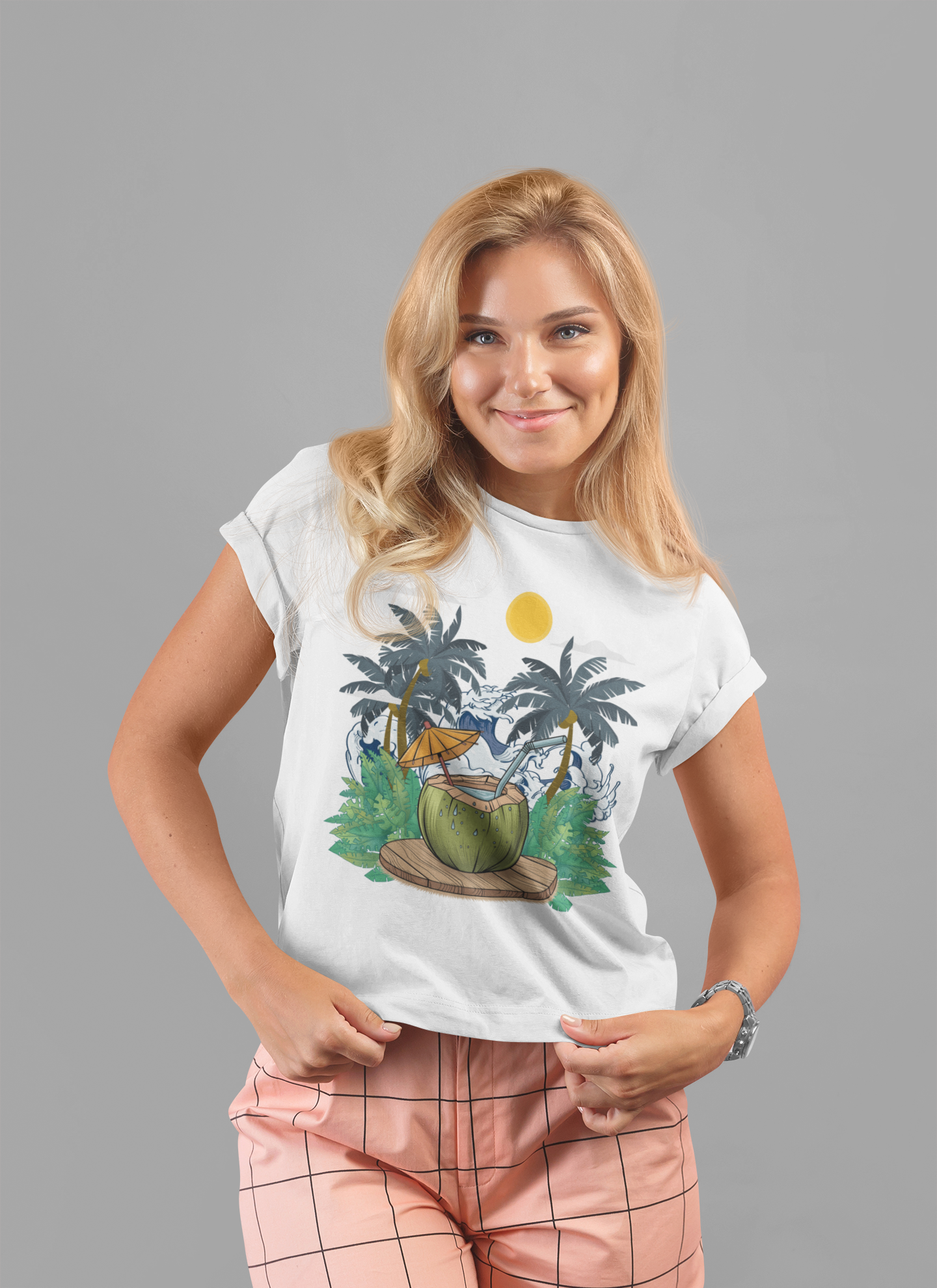 Paradise Found Tropical Refresh – Tender Coconut Drink with Palm Leaves & Ocean Waves Graphic T-Shirt