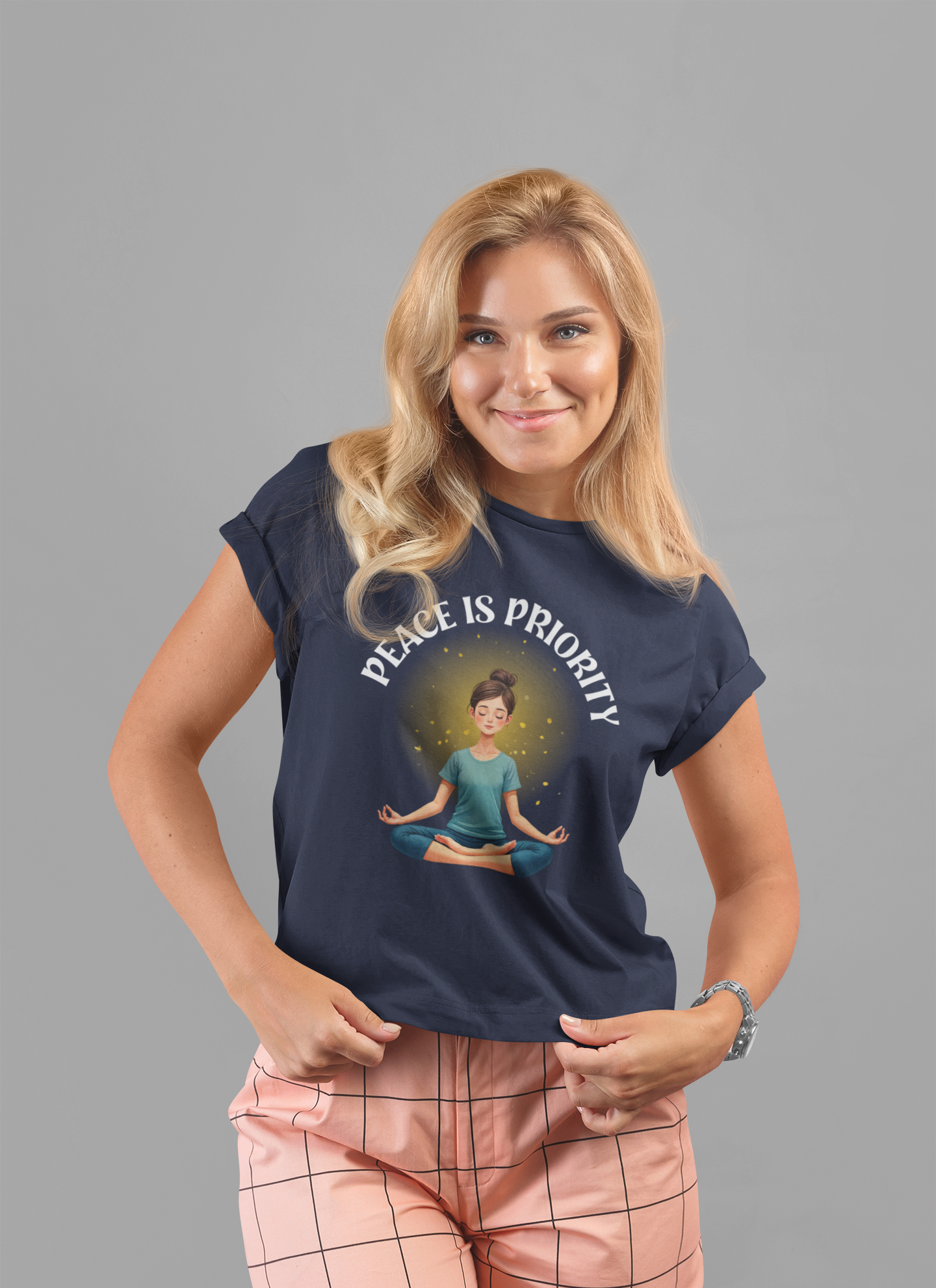 Peace Is Priority – Meditating Woman with Glowing Aura Graphic T-Shirt