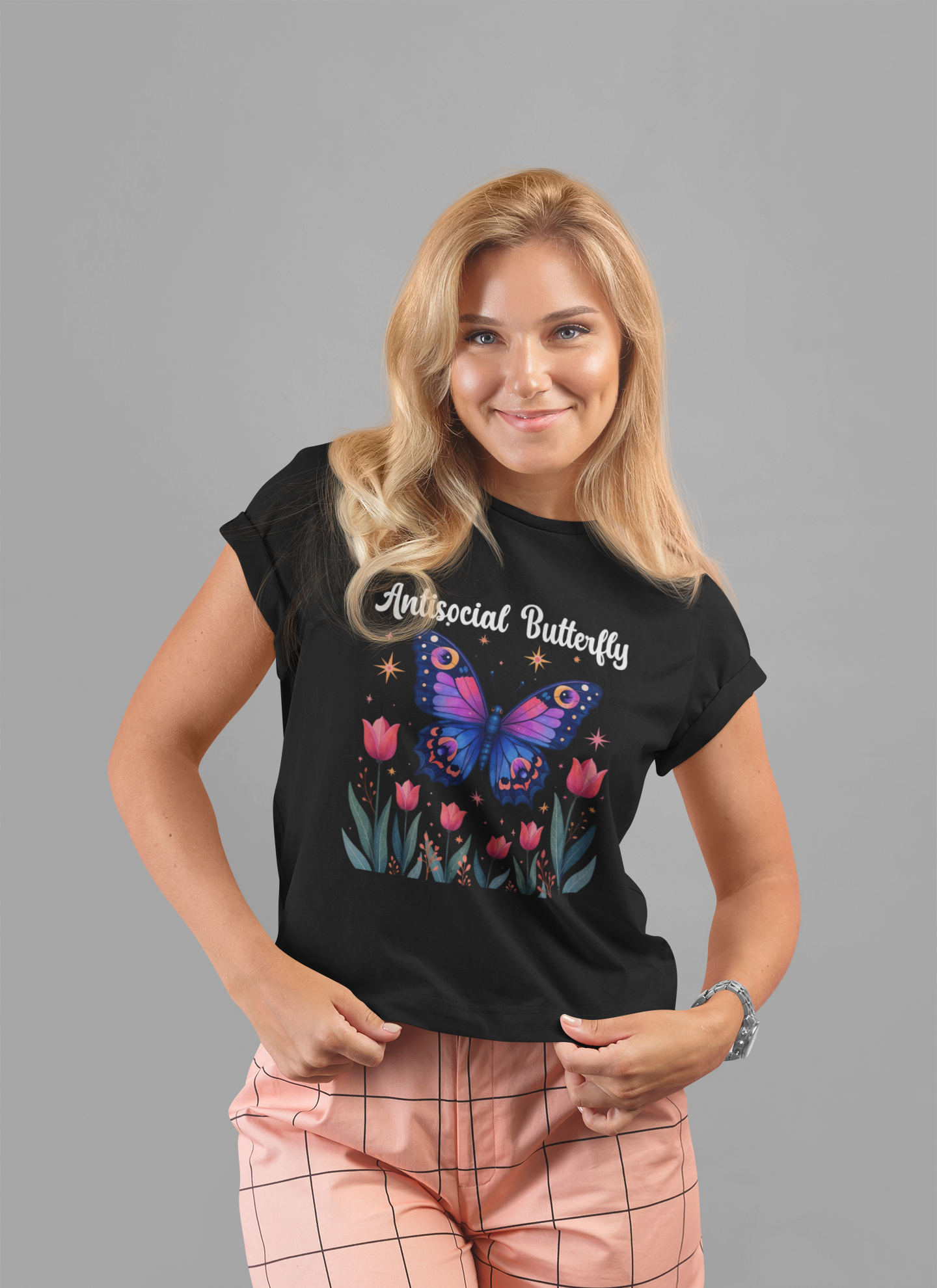 Antisocial Butterfly – Large Butterfly Above Flower Plants Graphic T-Shirt
