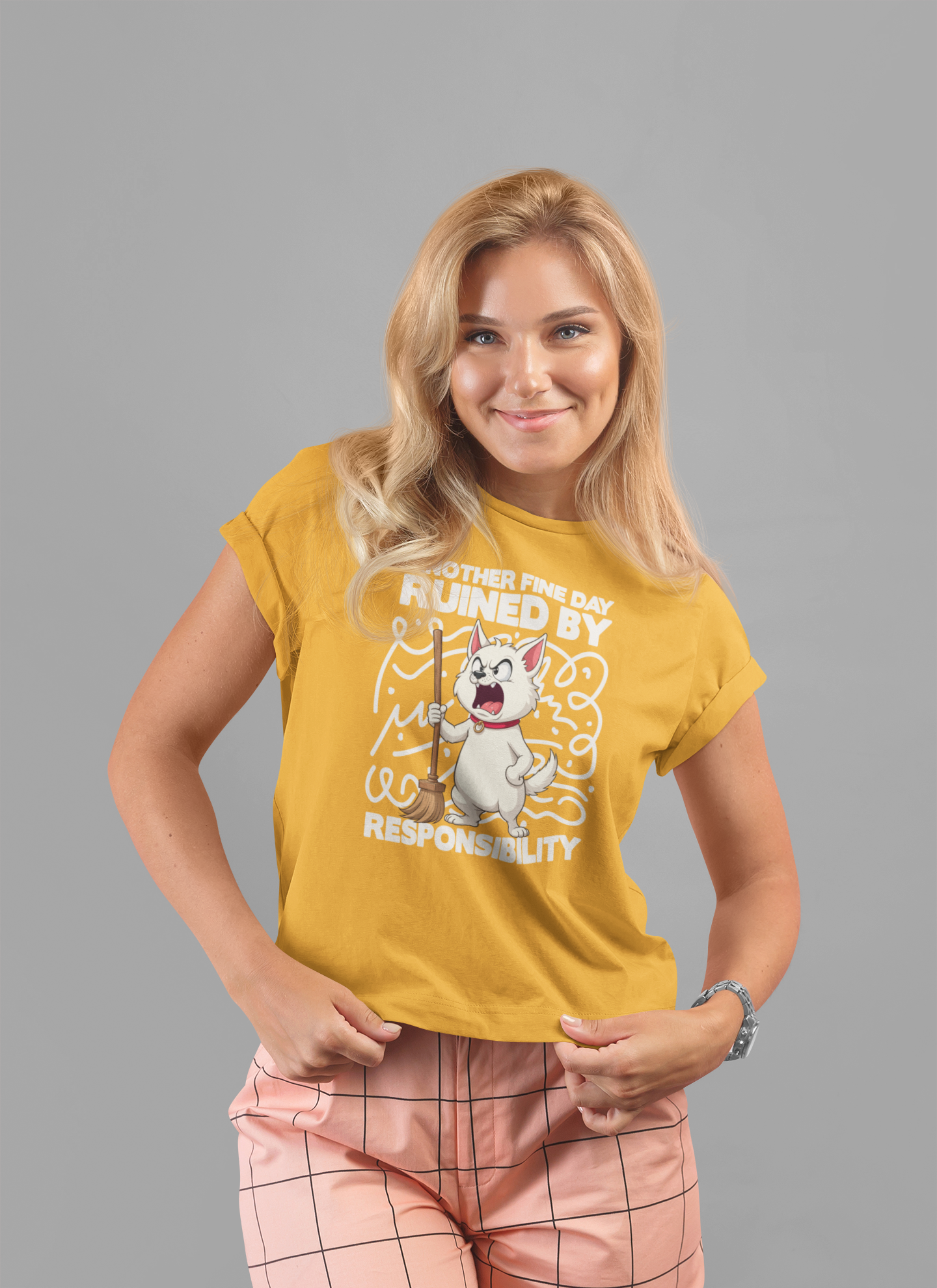 Another Fine Day Ruined By Responsibility T-Shirt – Angry Cat with Broom Graphic Tee