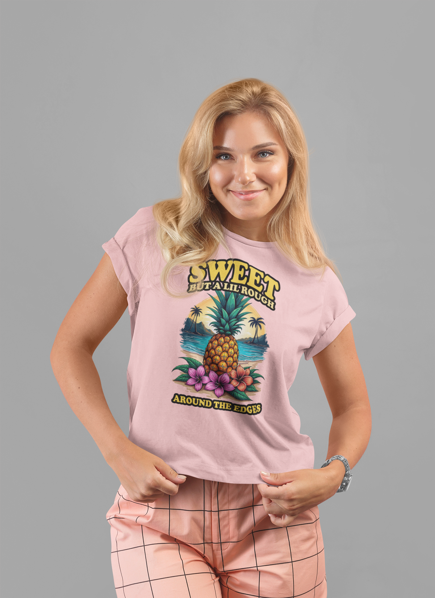 Sweet But A Lil Rough Around The Edges T Shirt Large Pineapple Tropical Beach Scene
