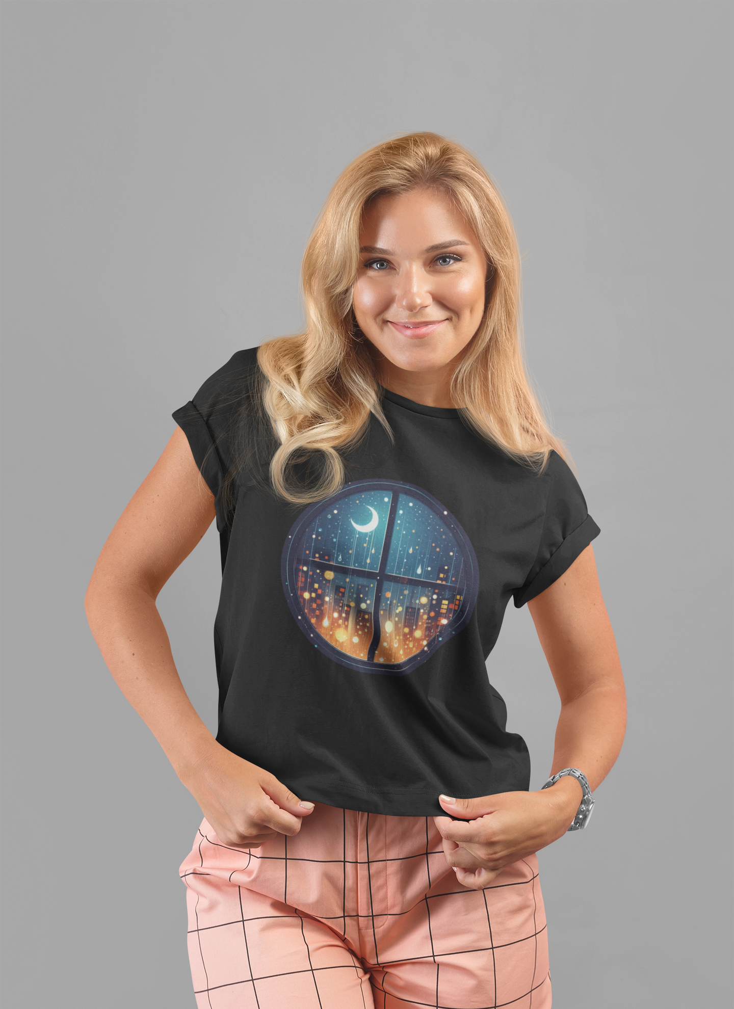 Dreaming Under Drizzles – Crescent Moon & Rainy Night in a City Window Graphic T-Shirt